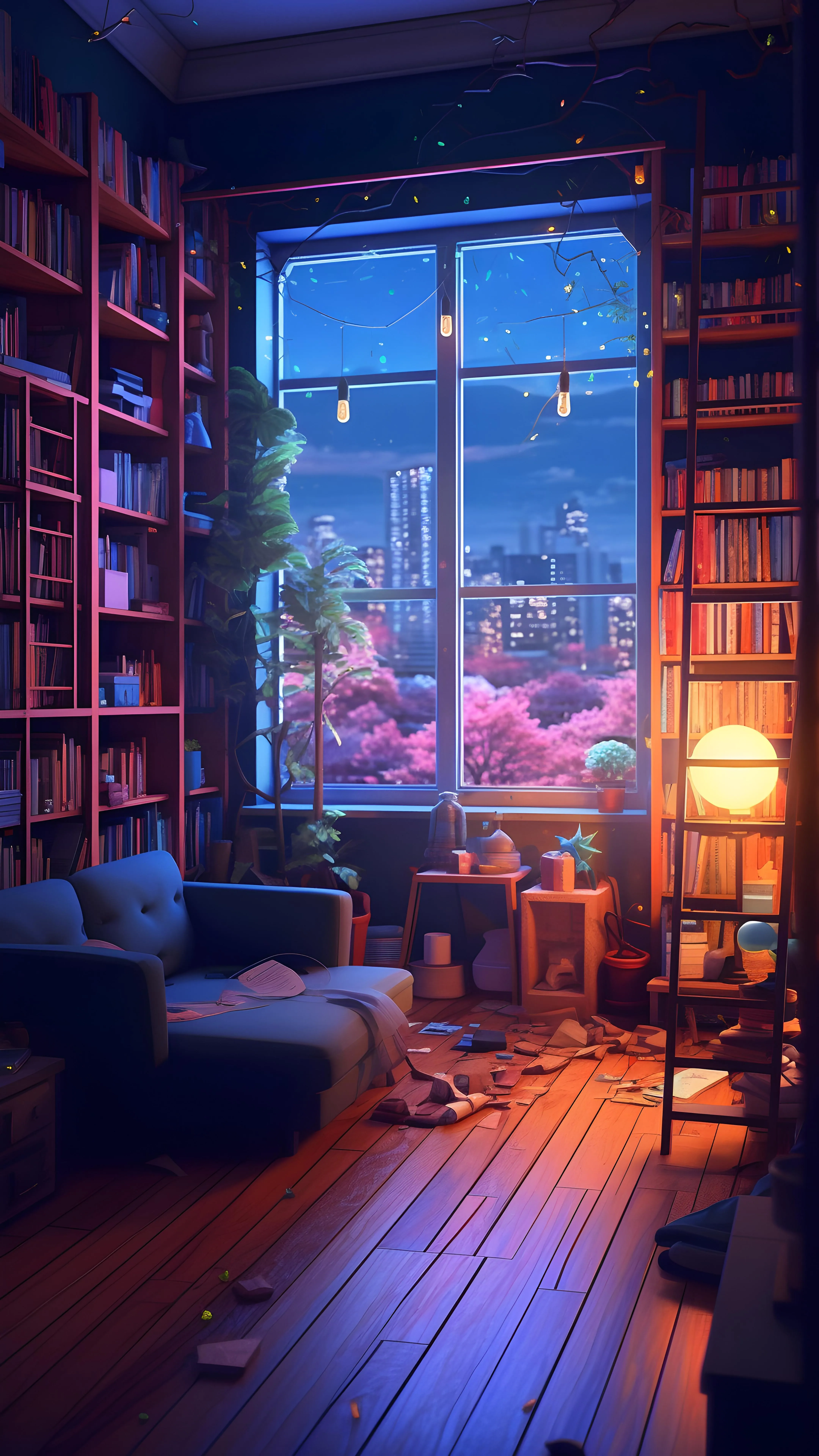 Cozy Room with Bookshelf and Night Sky View Image for Iphone