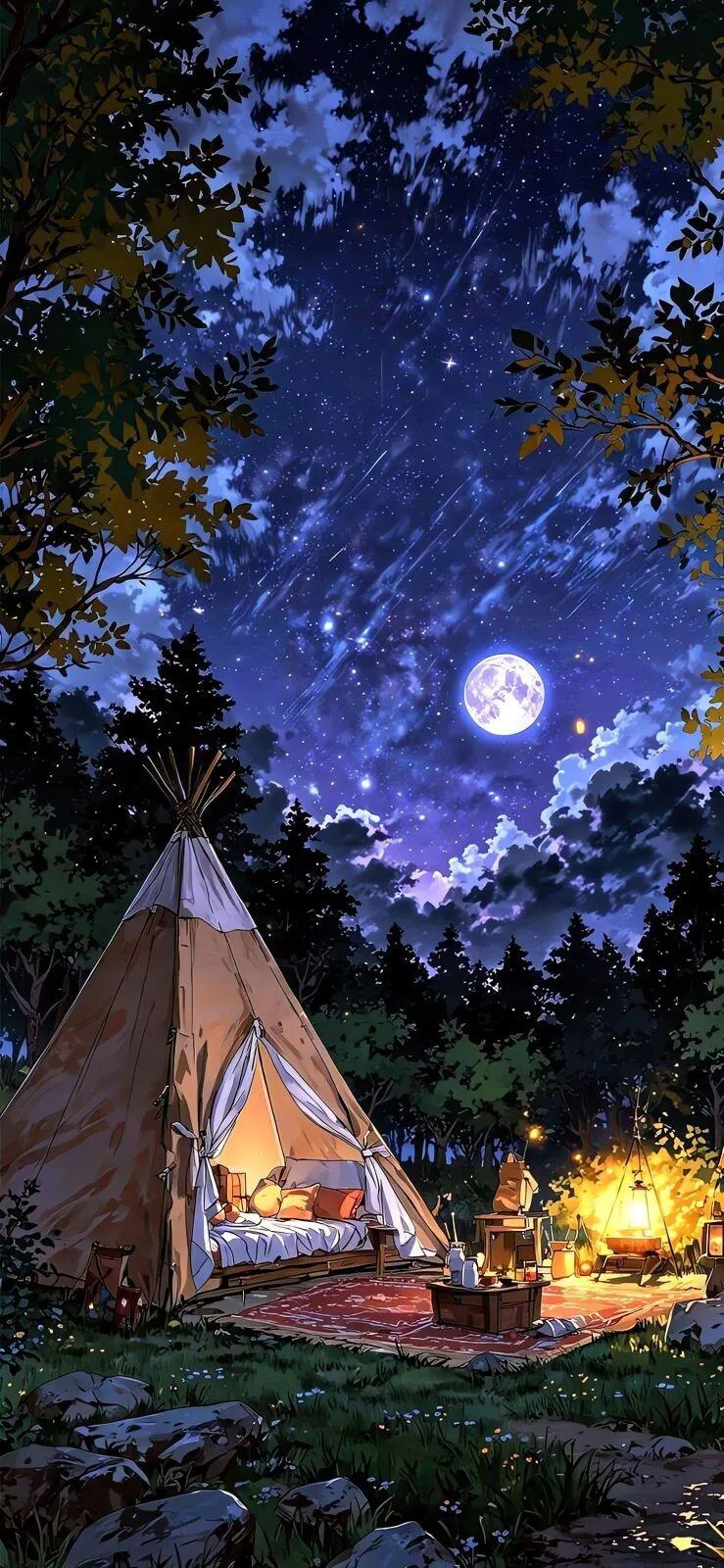 Cozy Tent at Night with Bright Stars and Deep Blue Sky