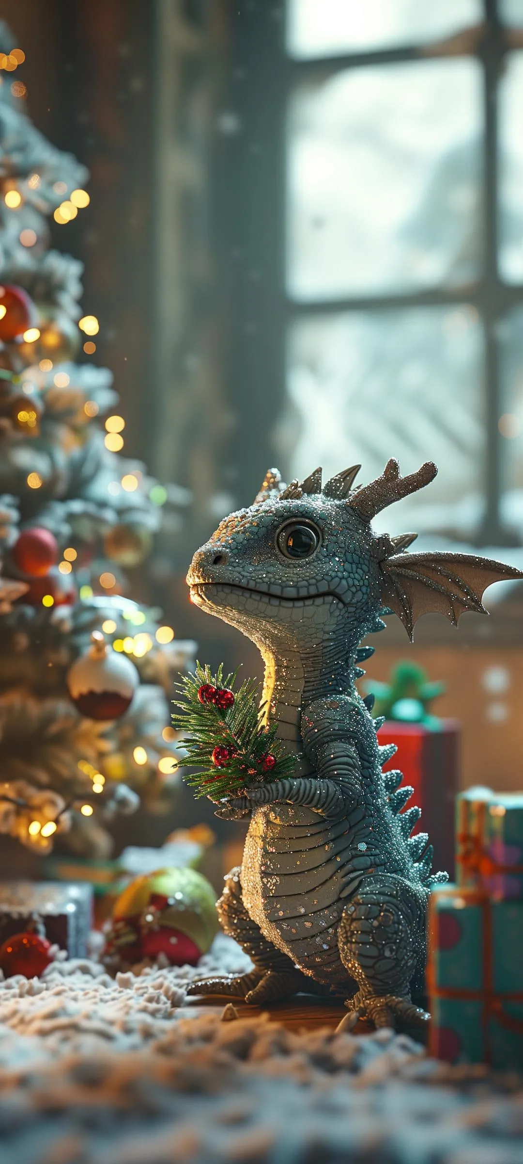 Cozy Winter Scene with Dragon and Holiday Decorations
