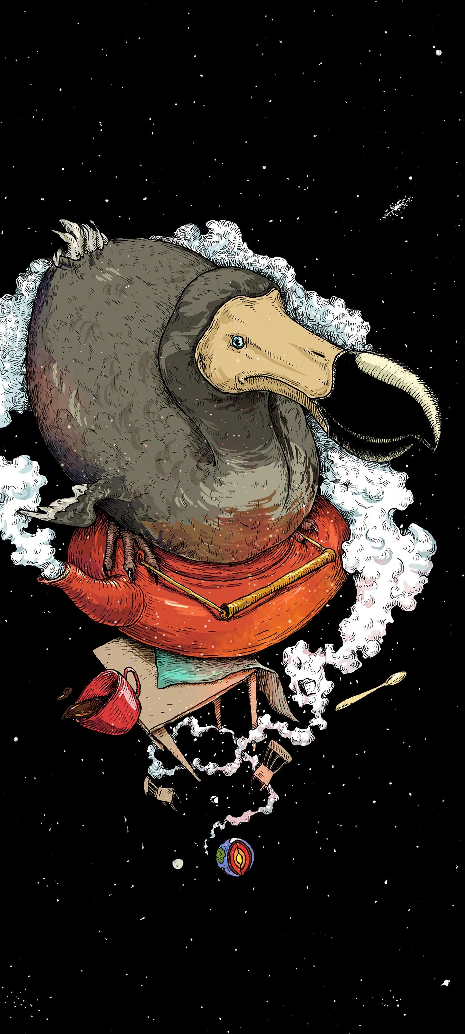 Creative Illustration of a Dodo Bird Against Black Background