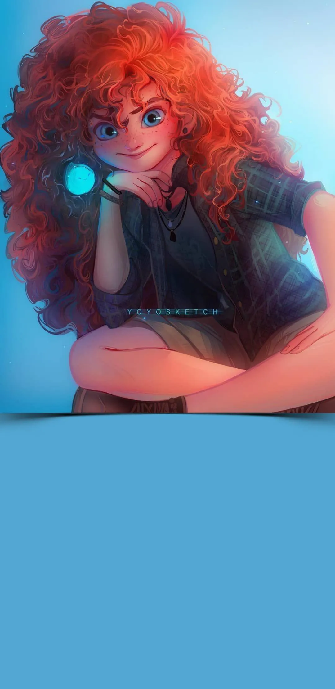 Creative Portrait with Curly Hair and Blue Backdrop