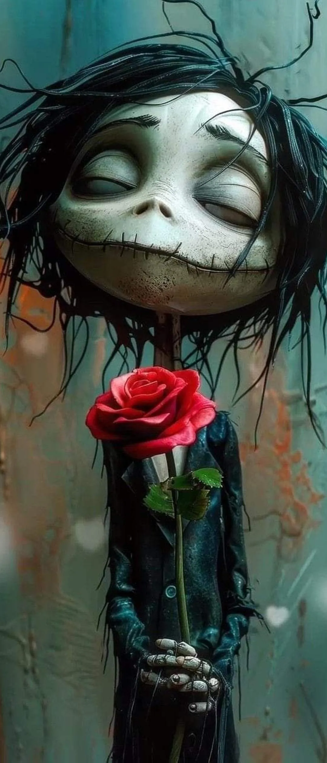 Creepy Doll Holding a Red Rose in Dark Mysterious Setting