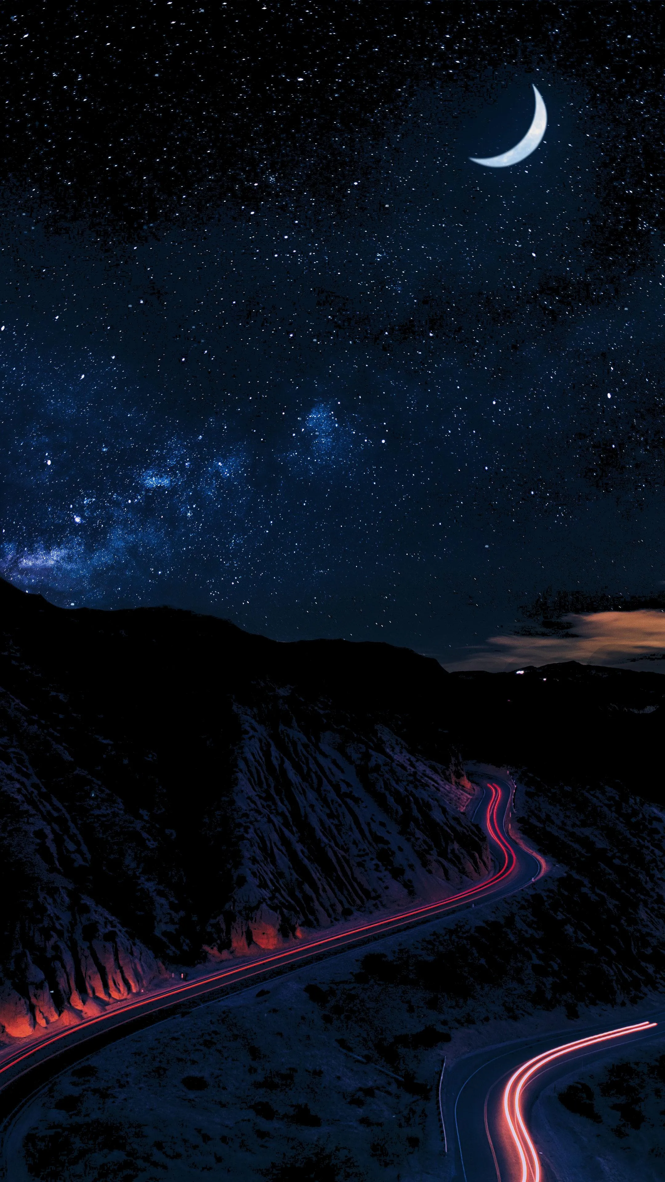 Crescent Moon Over Mountains in Peaceful Night Wallpaper