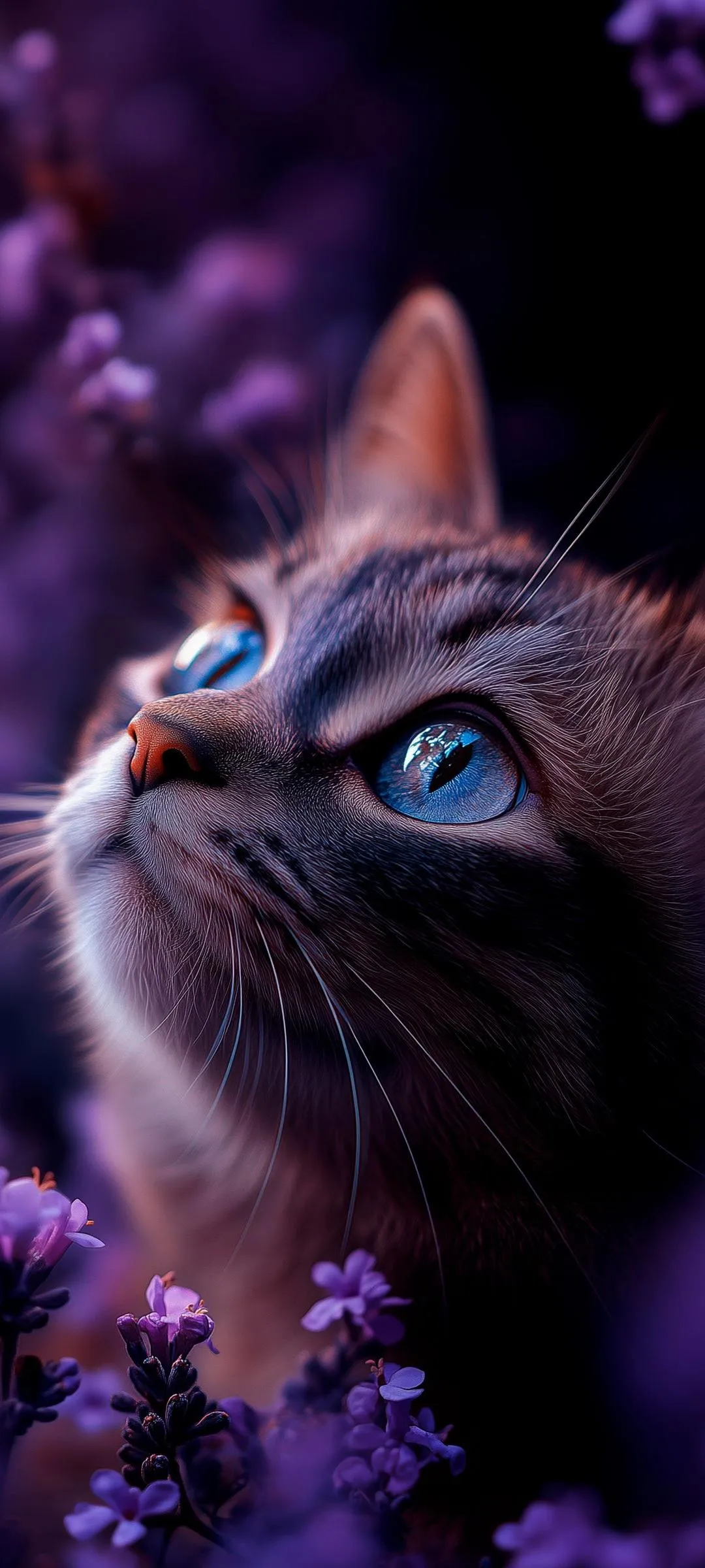 Curious Cat Gazing Through Purple Flower Garden Wallpaper