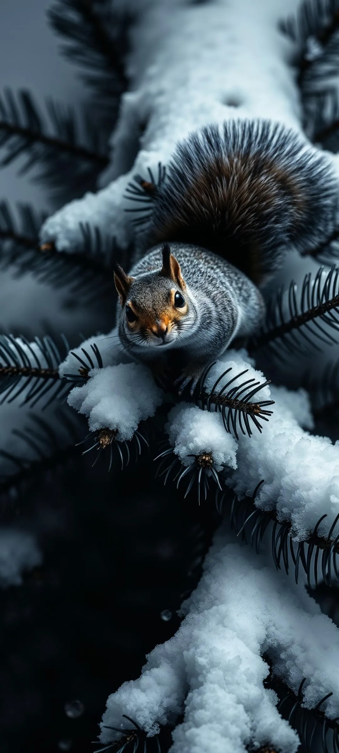 Curious Squirrel Perched on Snow Covered Pine Branch