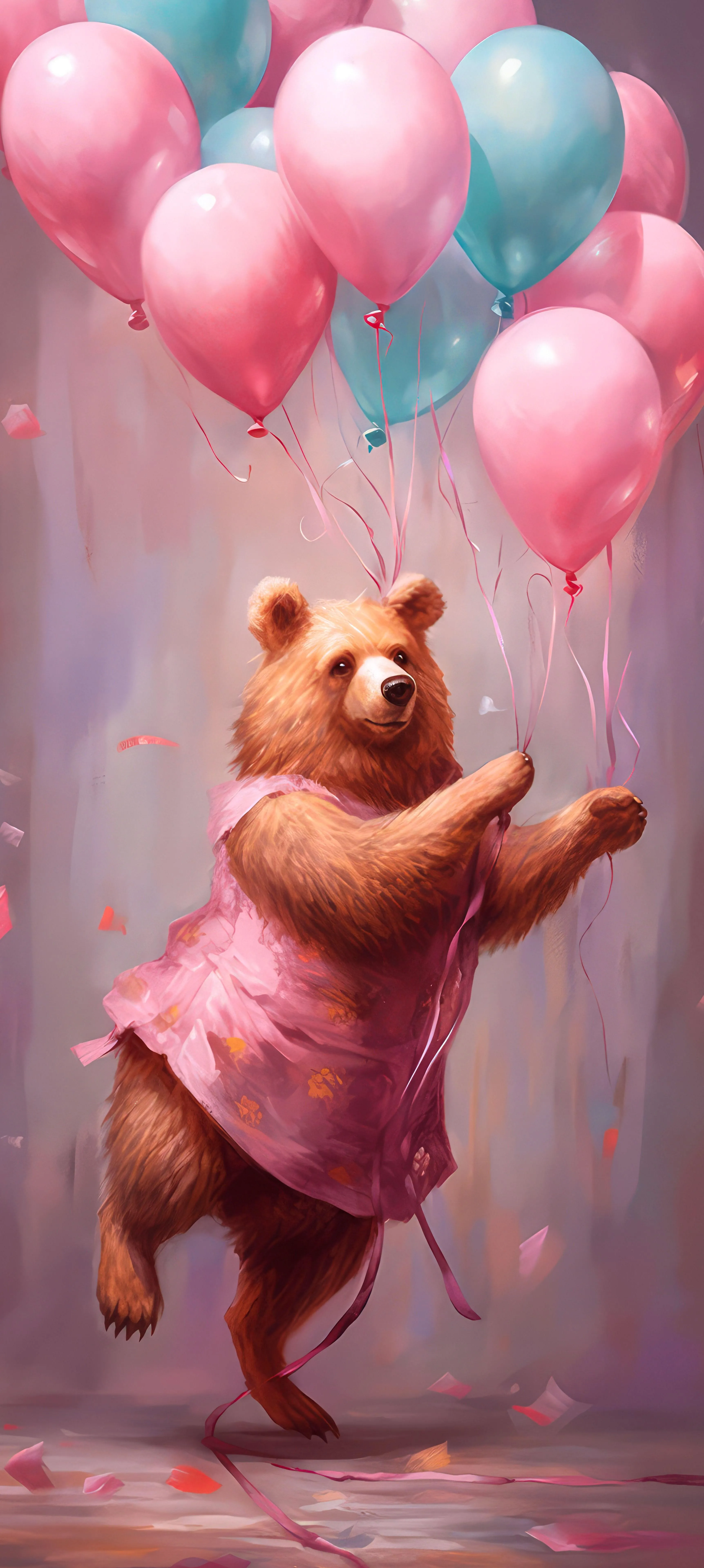 Cute Bear Floating with Pink Balloons in a Dreamy Setting