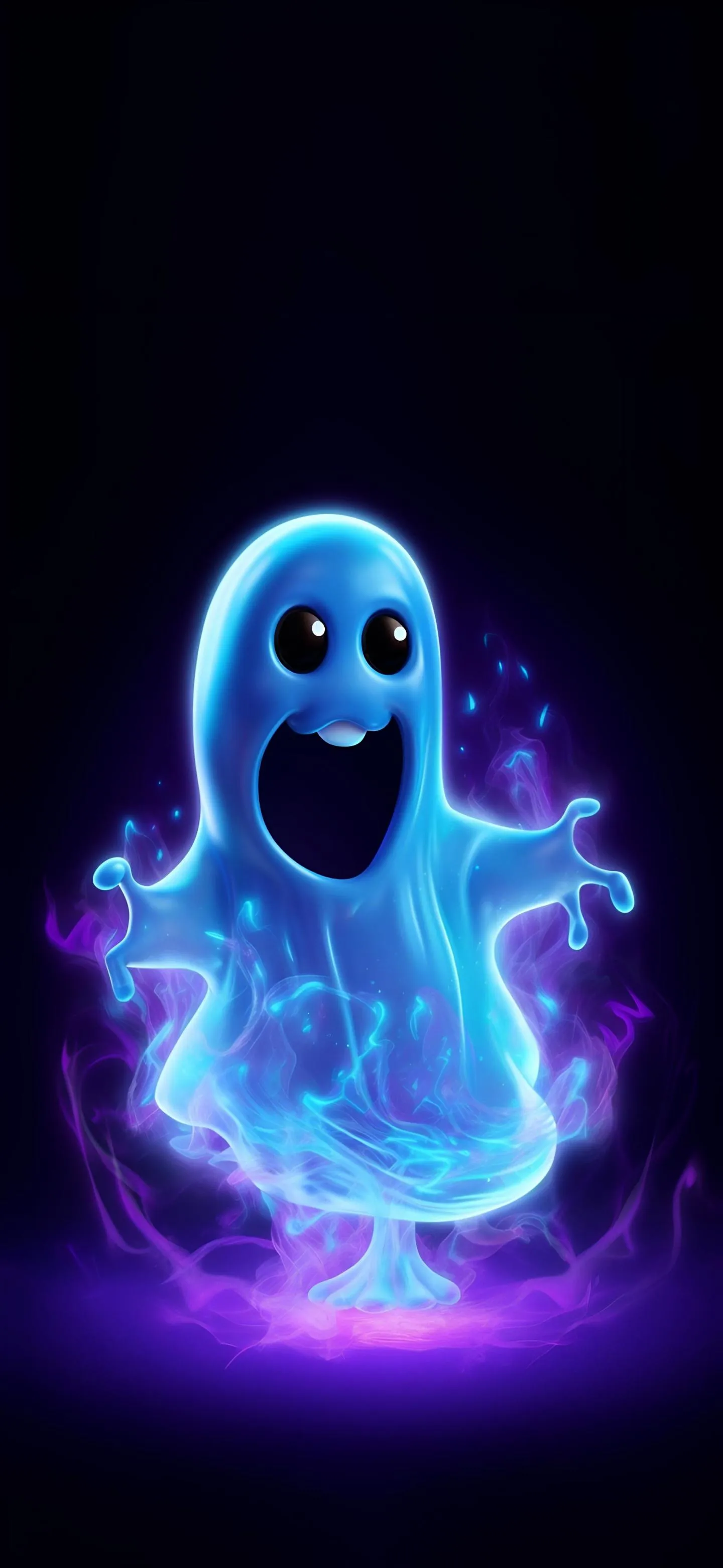 Cute Blue Ghost Glowing in Dark Neon Background Wallpaper