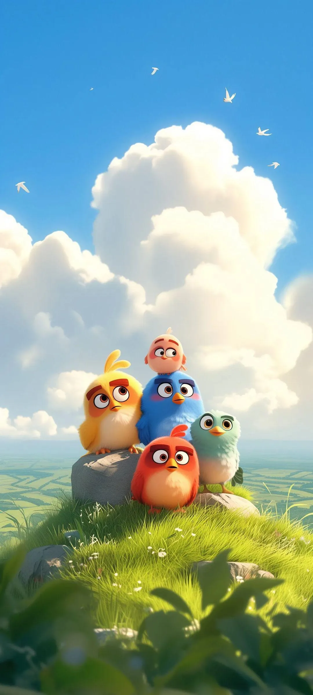Cute Cartoon Angry Birds Sitting on Hill Sky Wallpaper