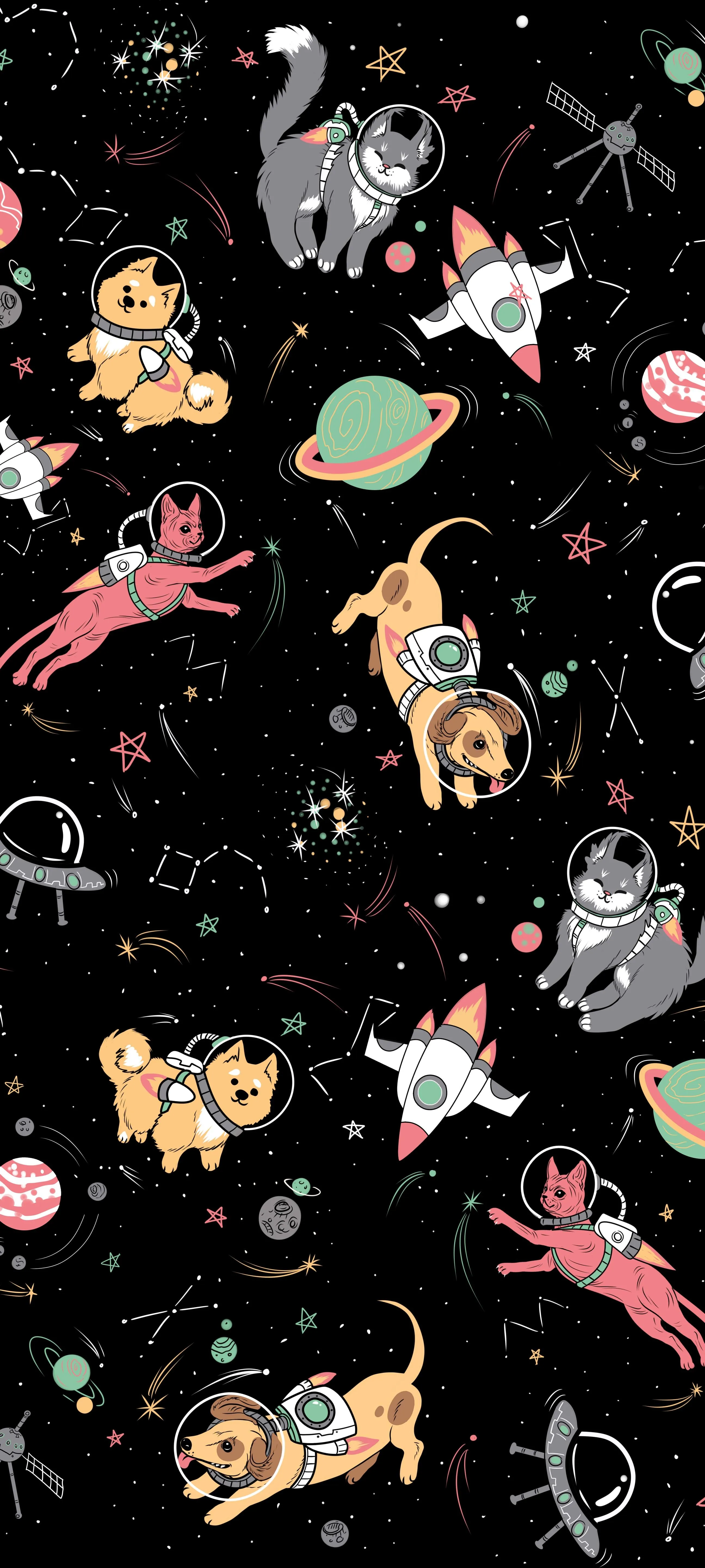 Cute Cartoon Animals on Black Background Playfully Positioned