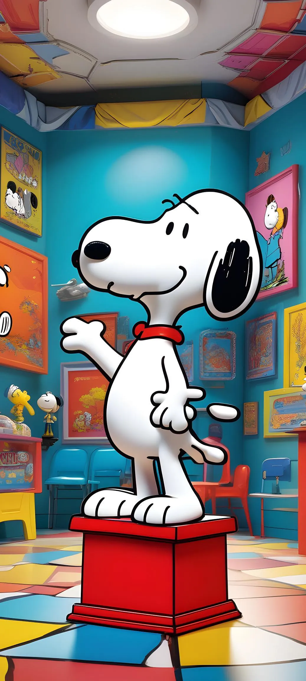 Cute Cartoon Dog Figure Standing in a Colorful Toy Room