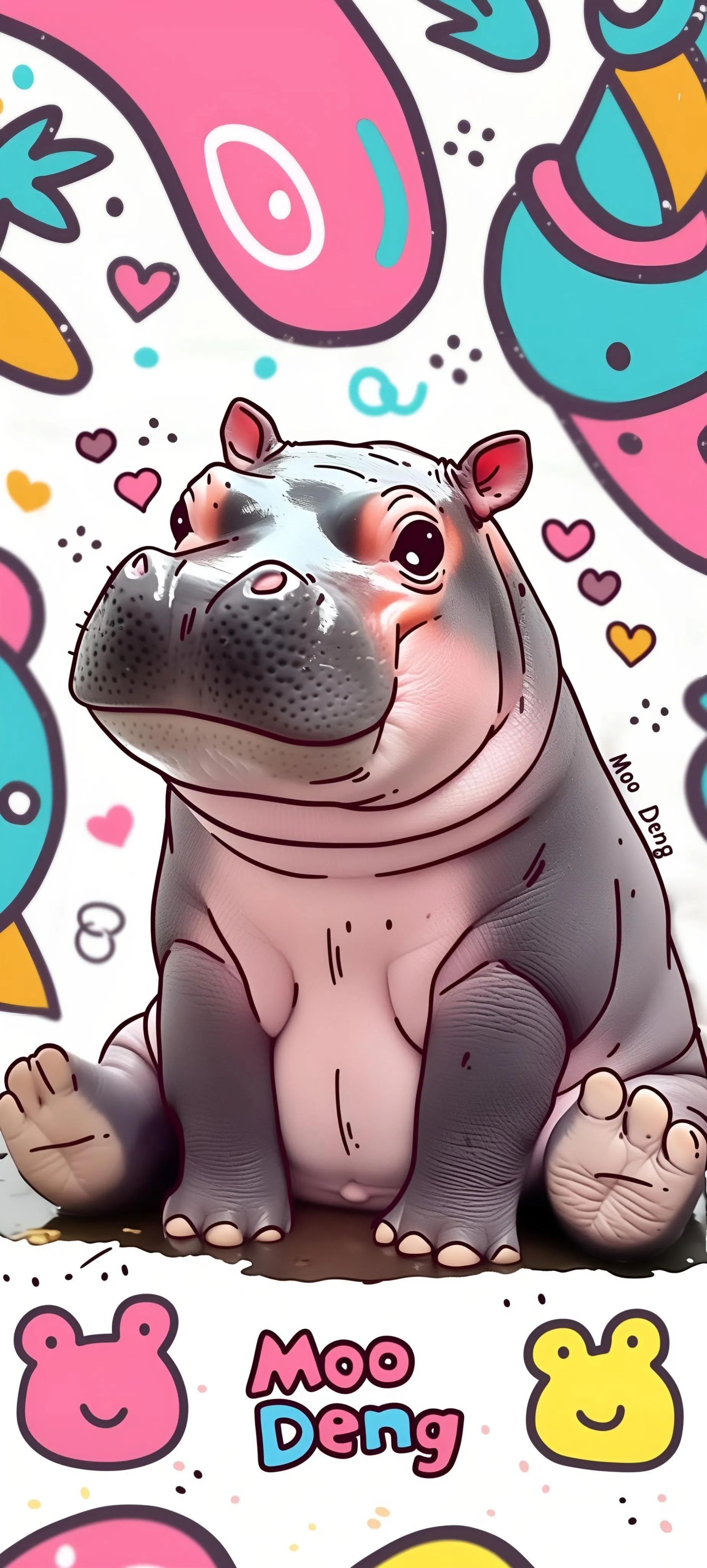 Cute Cartoon Hippo Surrounded by Colorful Doodles Wallpaper