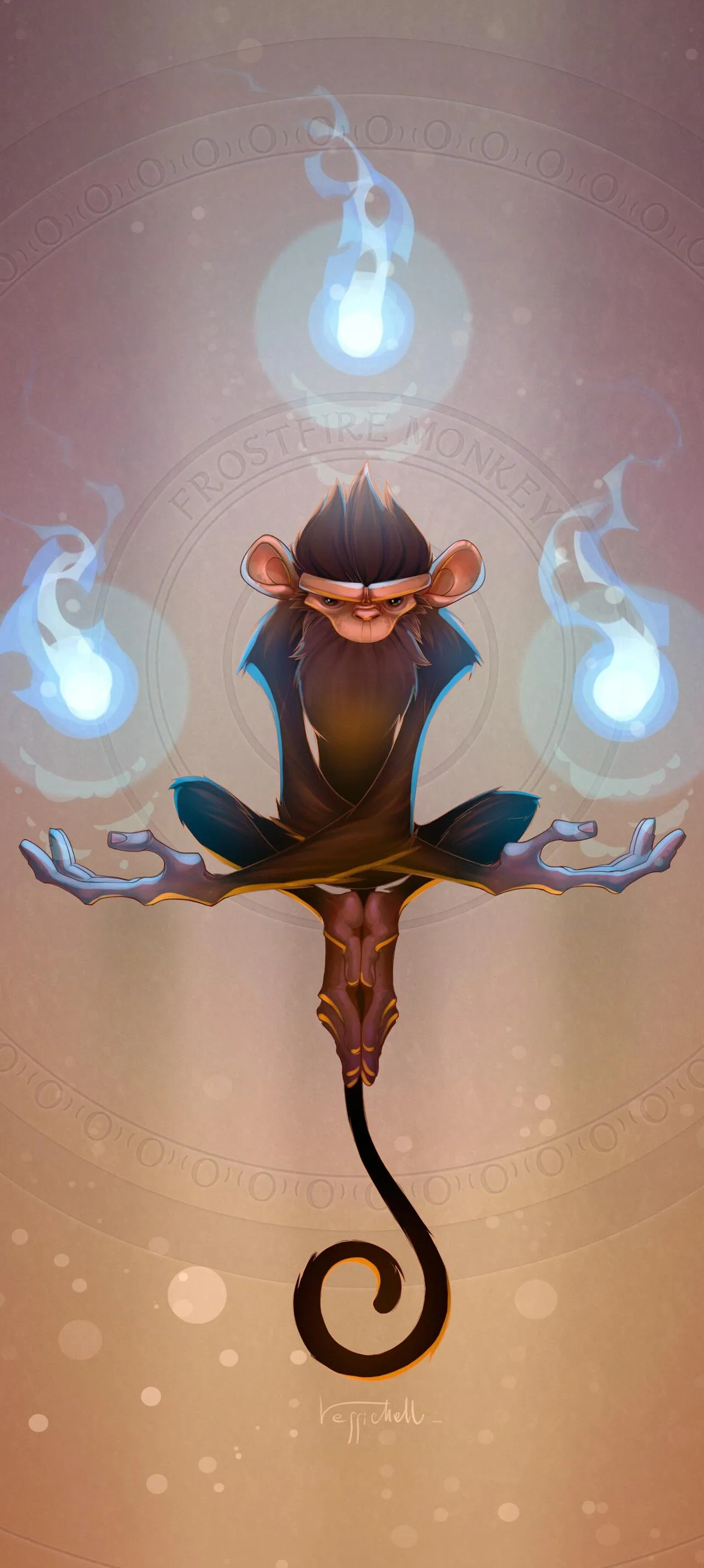 Cute Cartoon Monkey Meditating with Glowing Spheres
