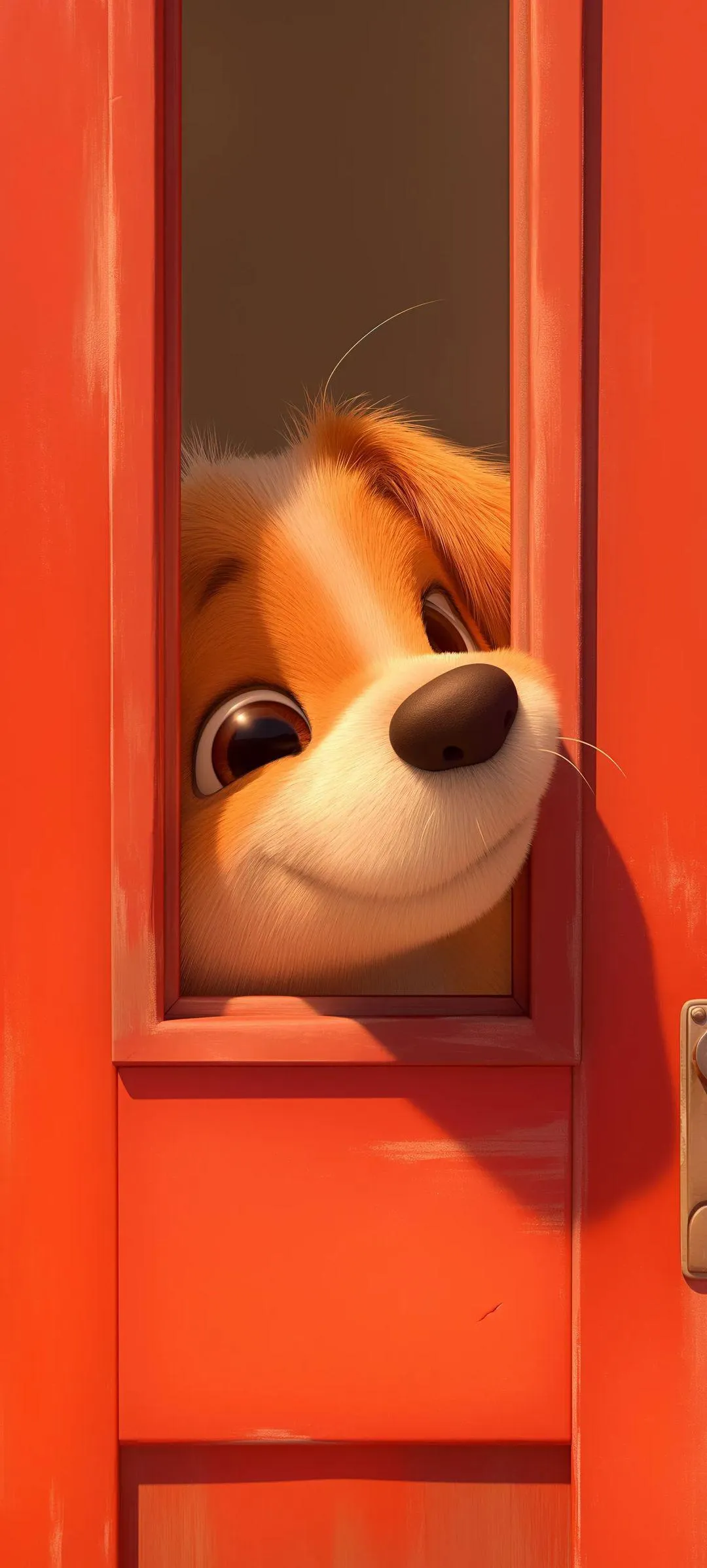 Cute Cartoon Puppy Peeking Out Playfully from Red Door