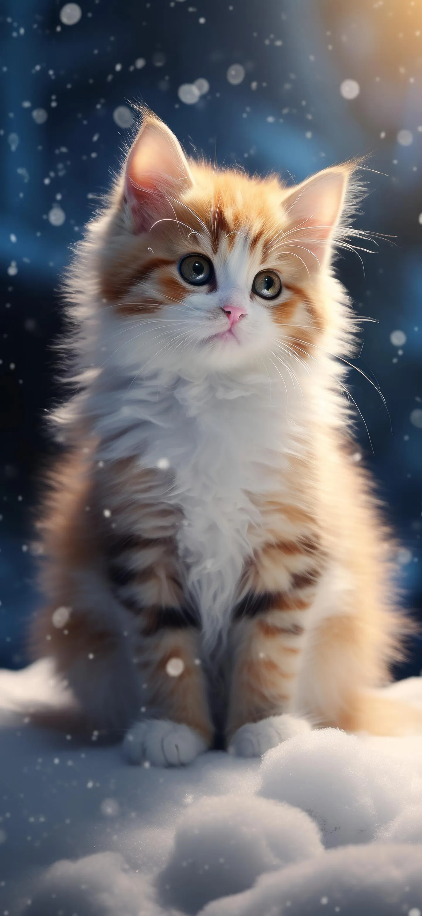 Cute Fluffy Kitten Sitting in Snow with Starry Sky Background