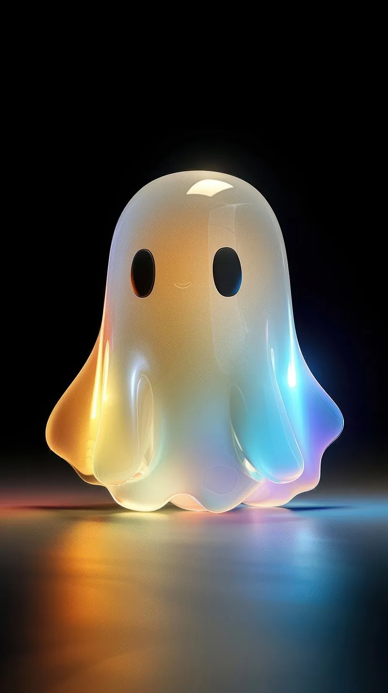 Cute Glowing Ghost Character Floating in Dark Minimal Scene