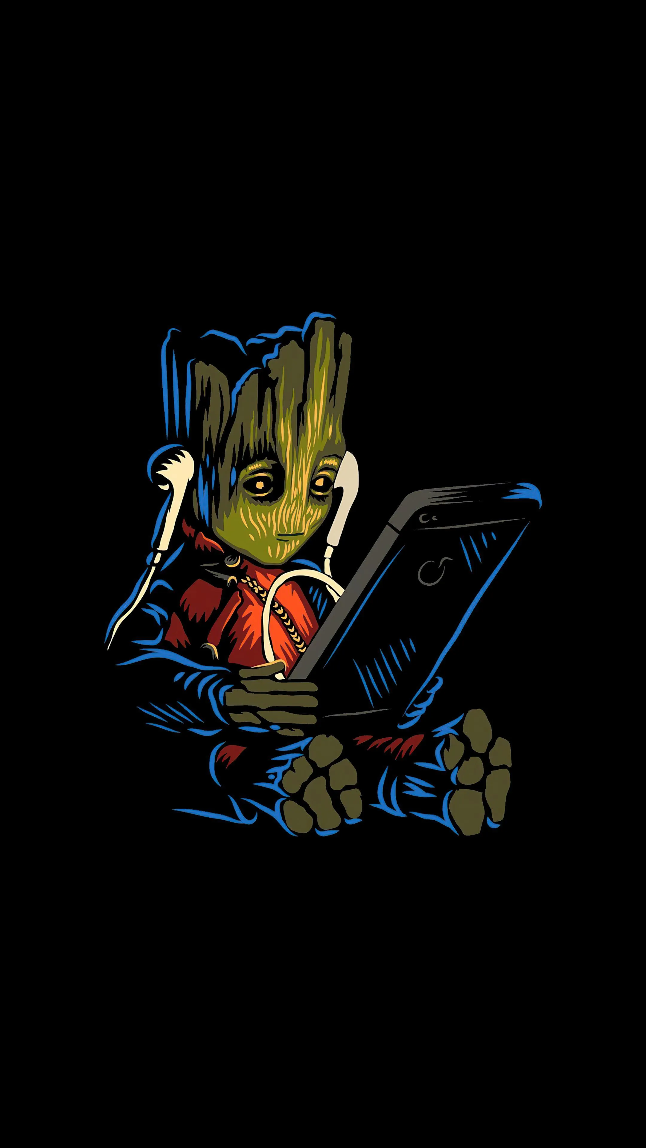 Cute Groot Drawing Sitting in a Neon Lit Dark Background