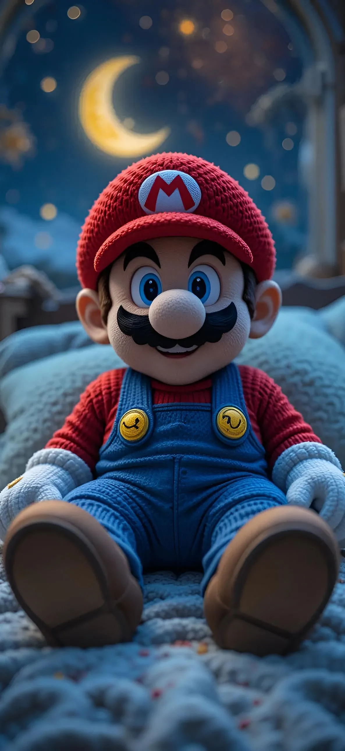 Cute Mario Plush Toy Sitting in Front of a Starry Sky