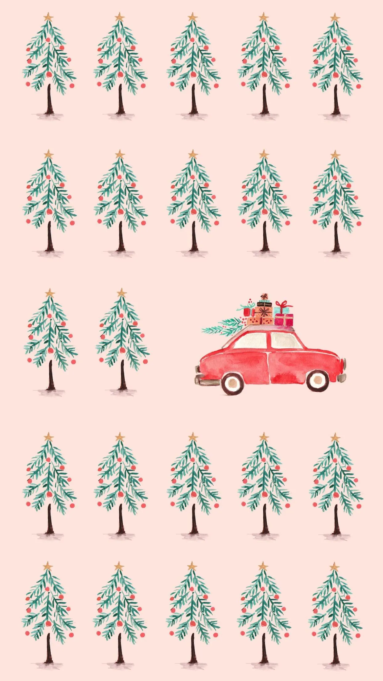 Cute Pastel Trees and Small Red Car in Soft Flat Art