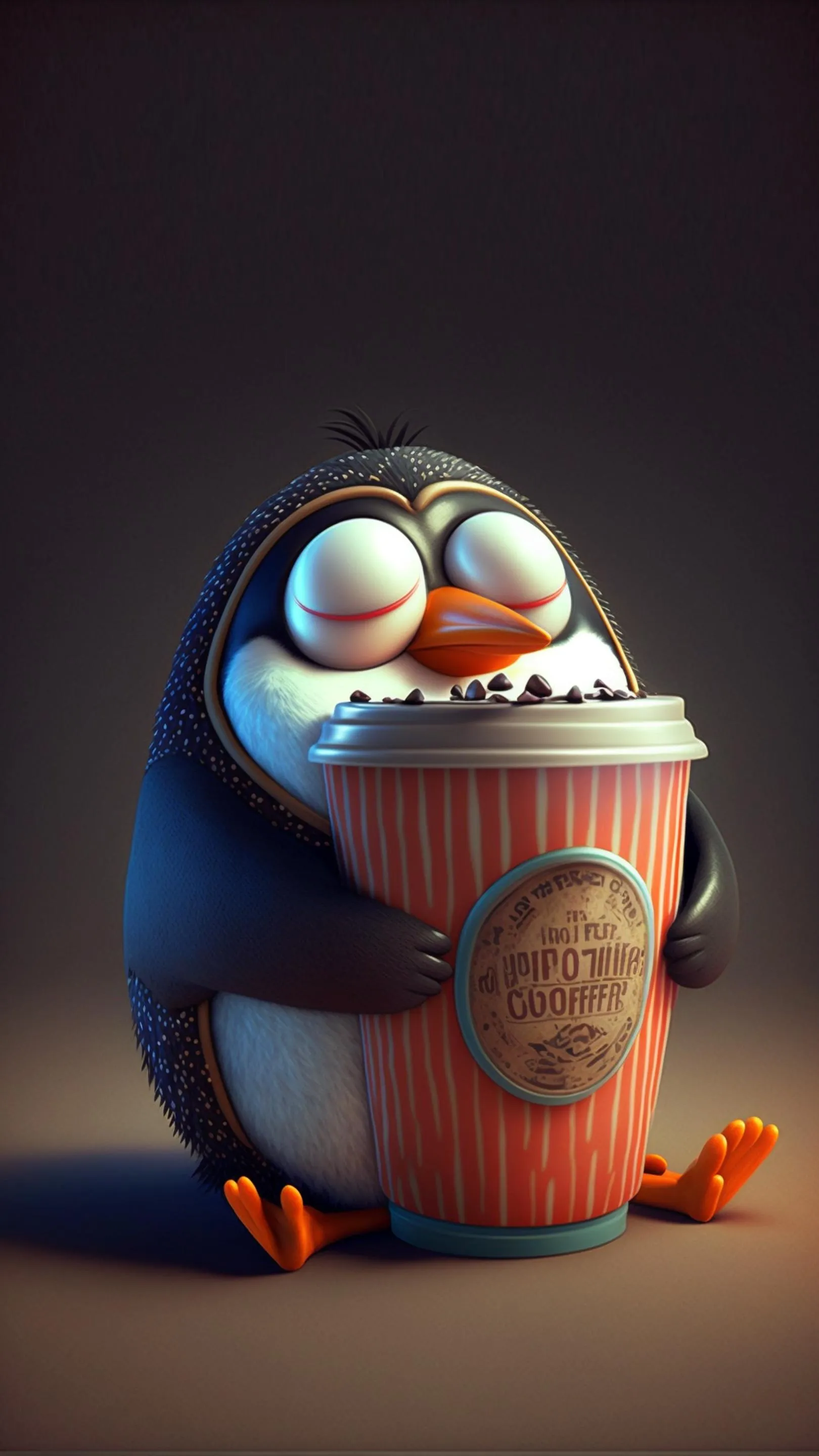Cute Penguin Holding Coffee Cup on Dark Background