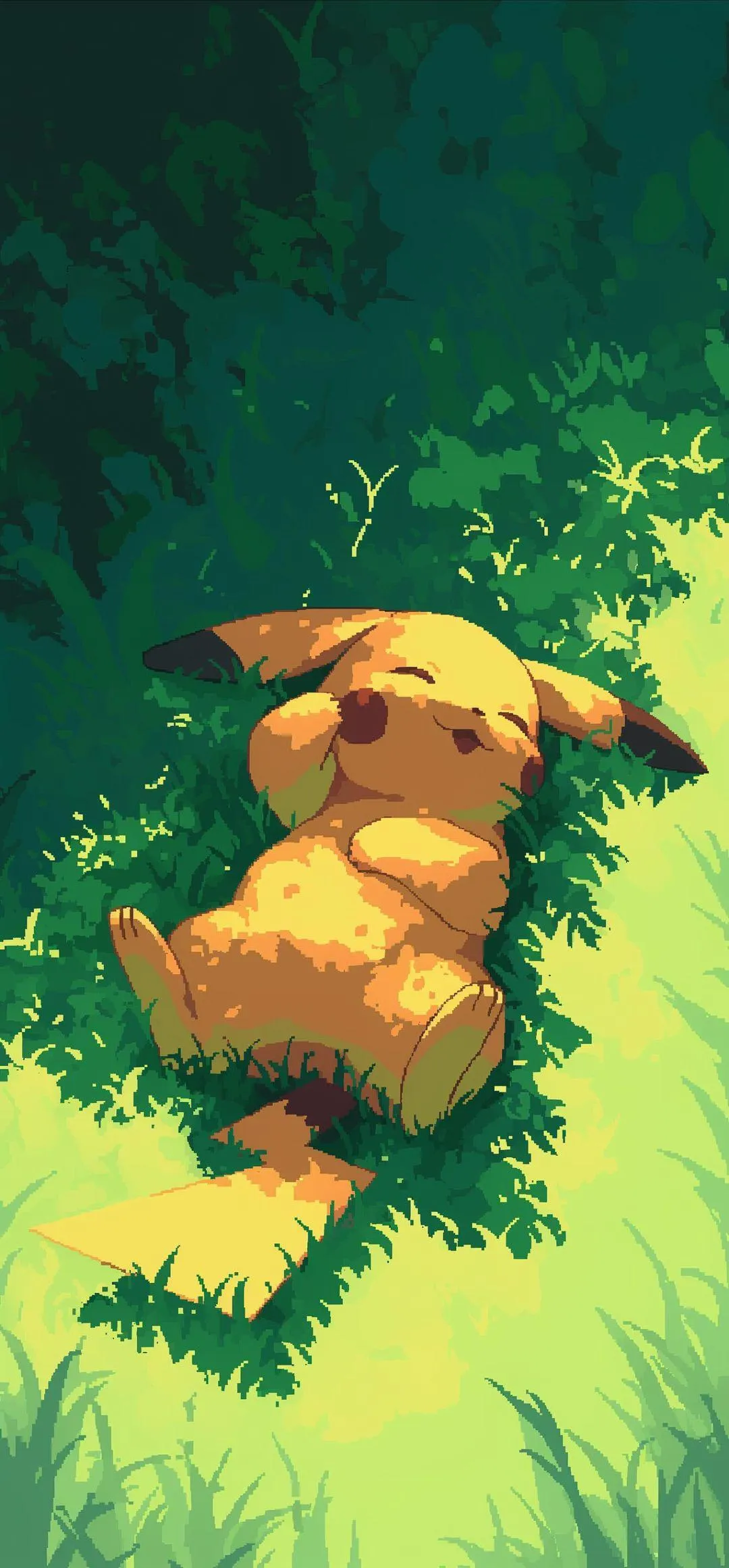 Cute Pikachu Relaxing In Green Garden Mobile Wallpaper