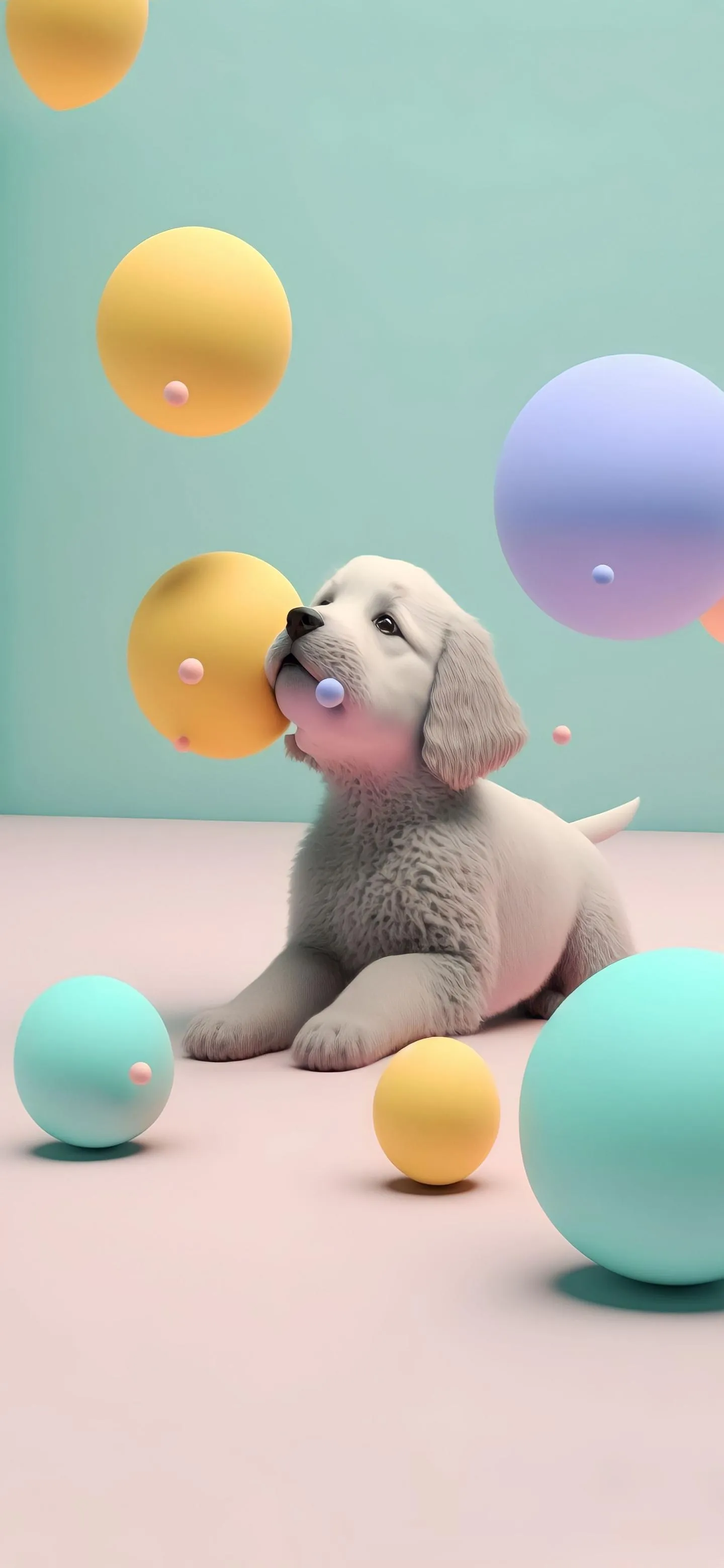 Cute Puppy Sitting Among Colorful 3D Balls Wallpaper