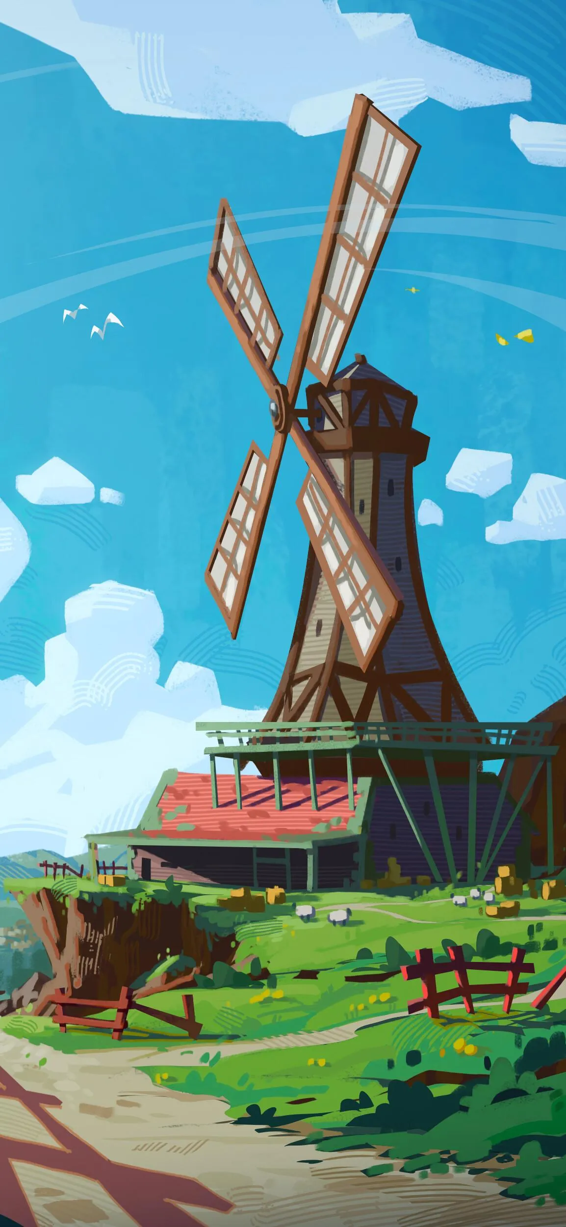 Cute Windmill Scene in Bright Cartoon Style Landscape
