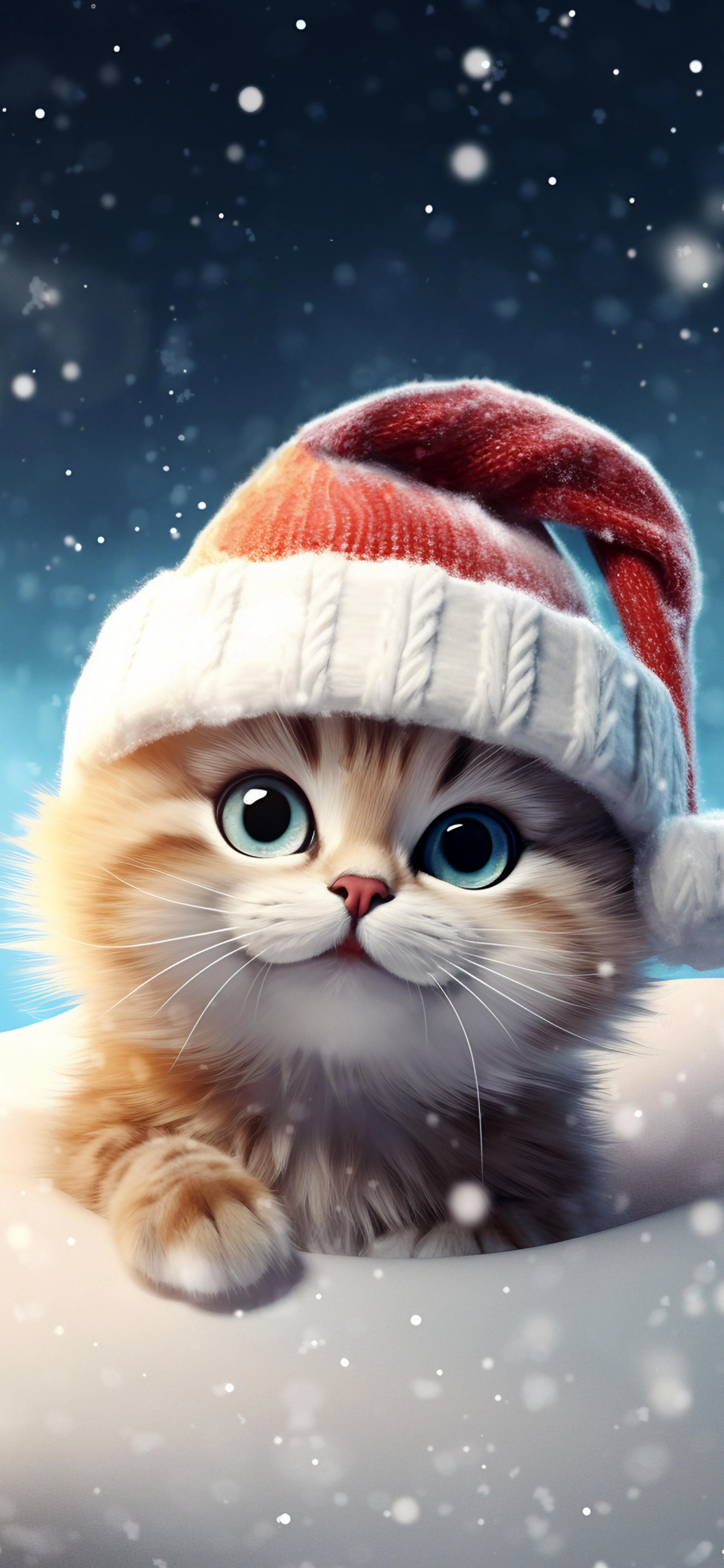 Cute Winter Cat in a Red Hat with Snow Background Wallpaper