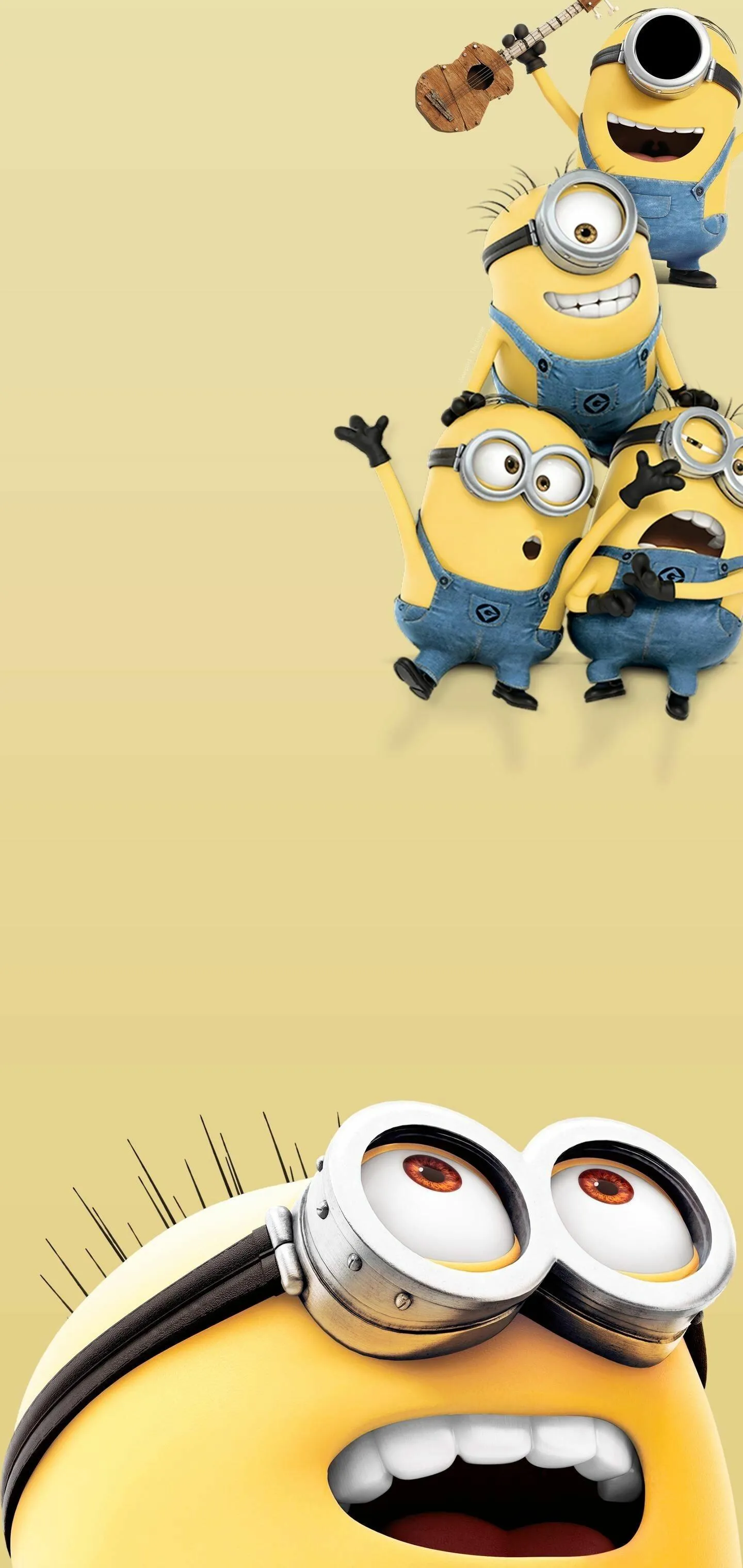 Cute Yellow Minions Looking Up in Soft Beige Background