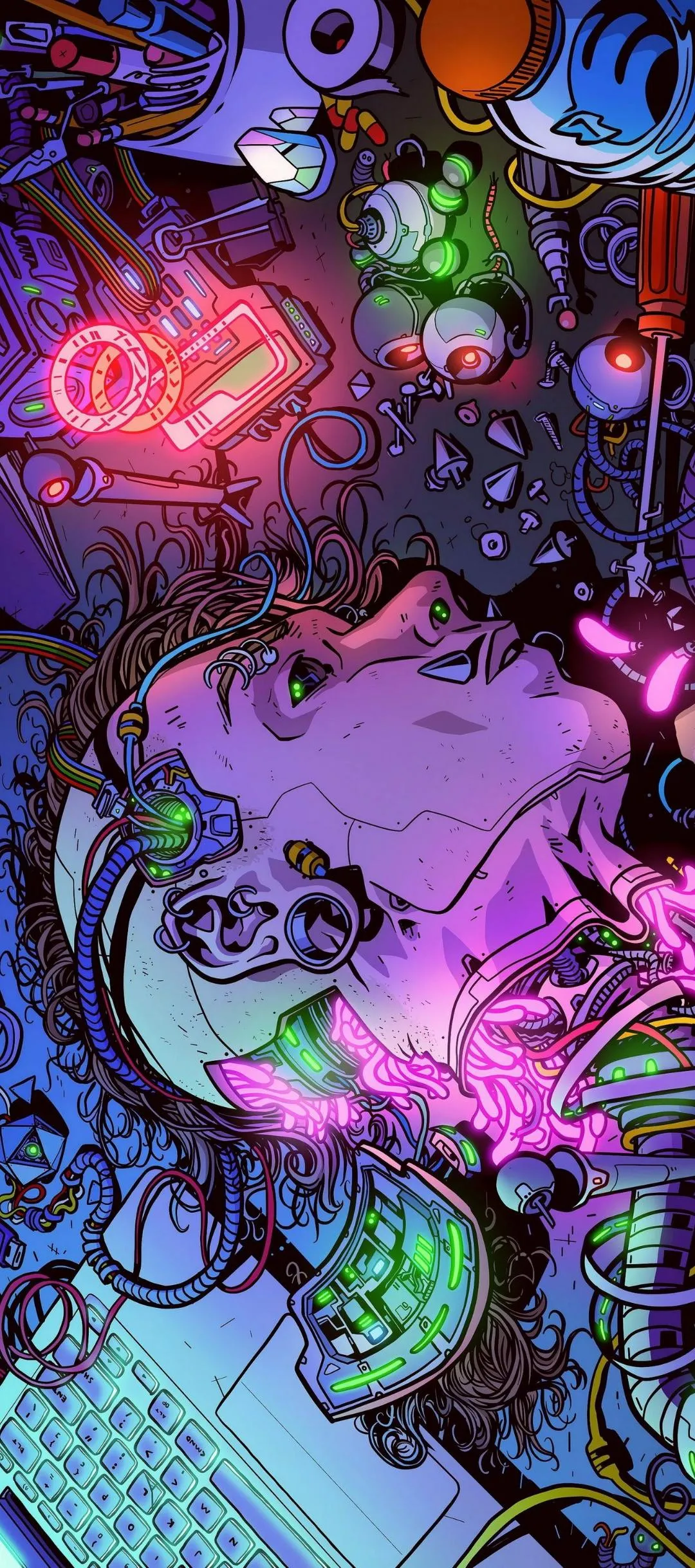 Cybernetic Mind Awakens in Neon World of Tech and Wires
