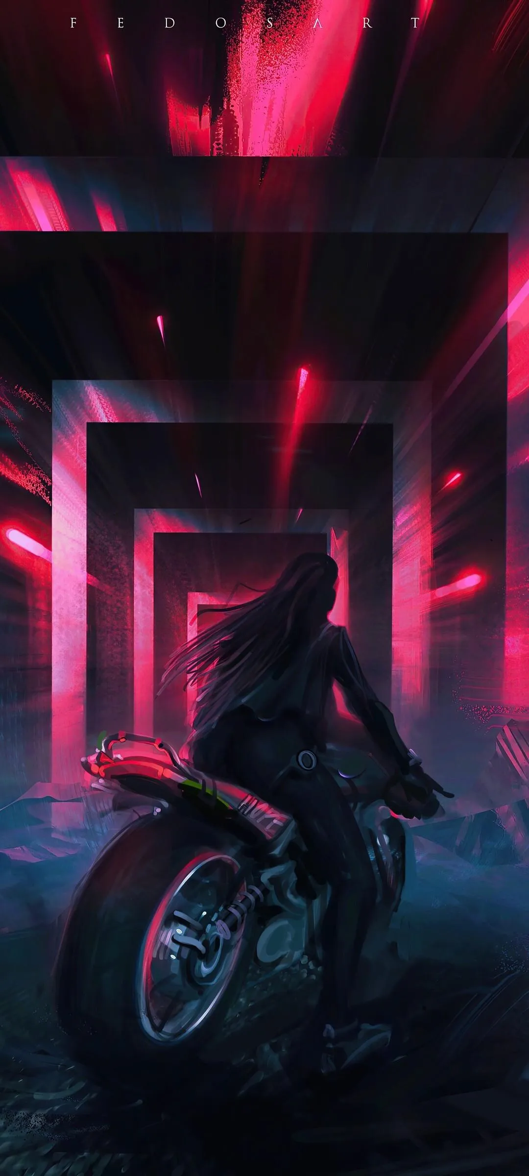 Cyberpunk Alley with Motorcycle and Red Lights Wallpaper