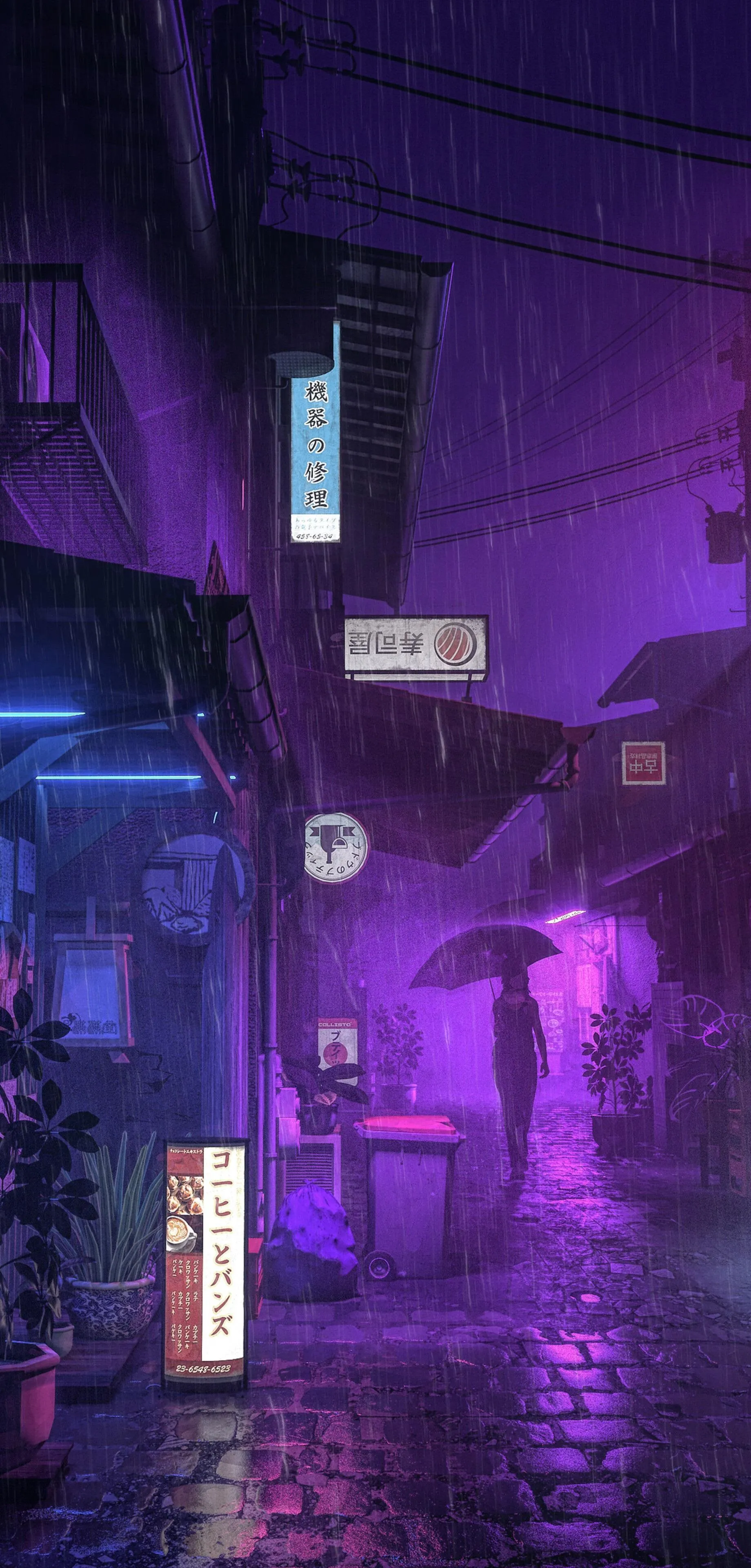 Cyberpunk City Buildings Lit in Purple and Blue Wallpaper