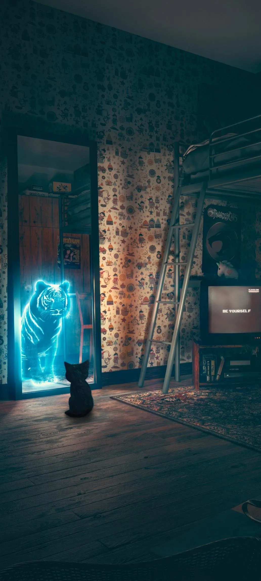 Cyberpunk Corridor with Neon Door and Reflections Wallpaper