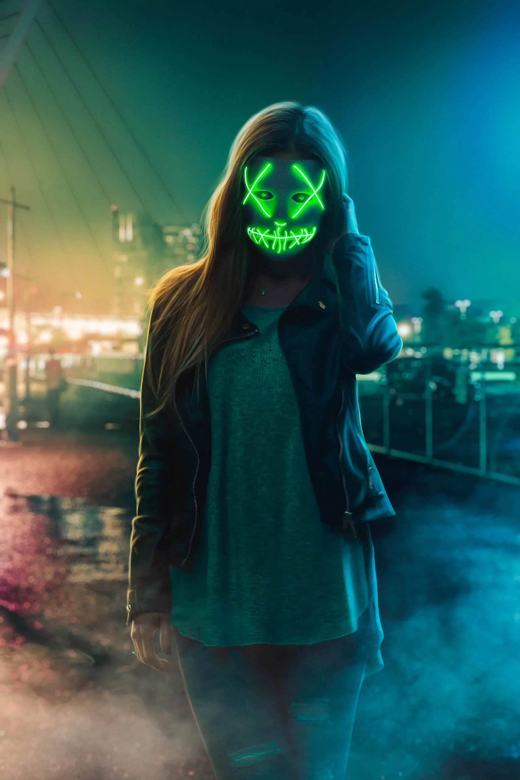 Cyberpunk Girl in Neon City with Glowing Green Mask
