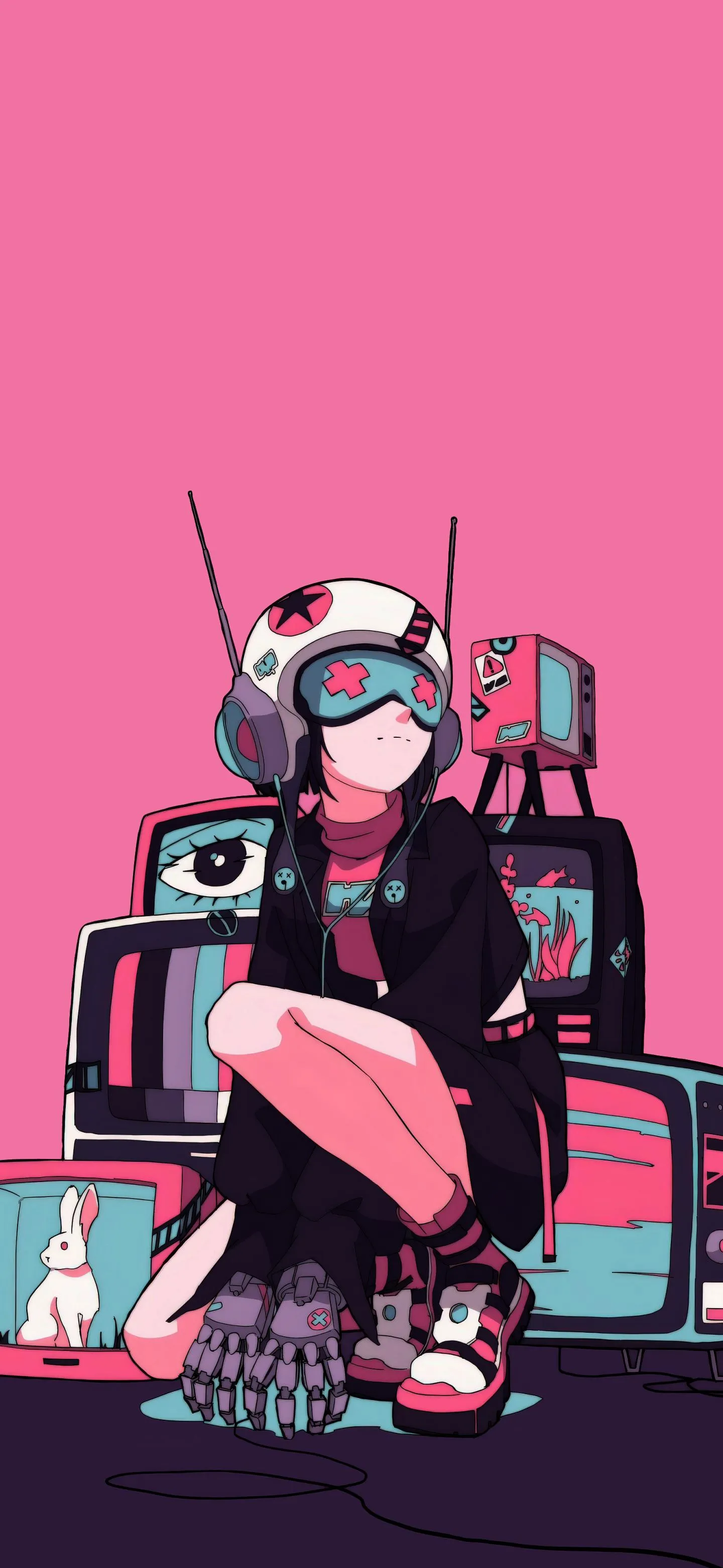 Cyberpunk Girl Sitting with Headset in Pink Neon Style