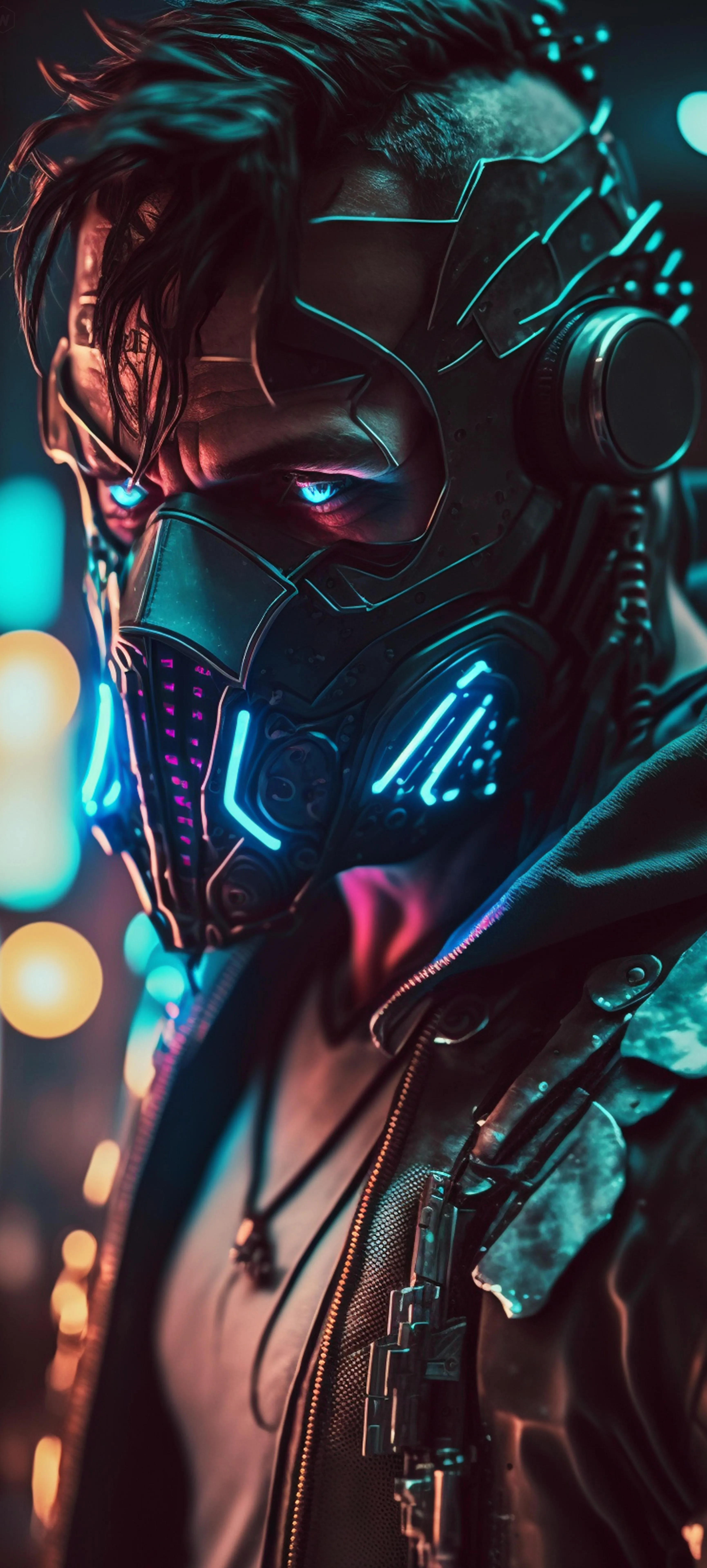 Cyberpunk Man in Neon Lights with Futuristic Headset