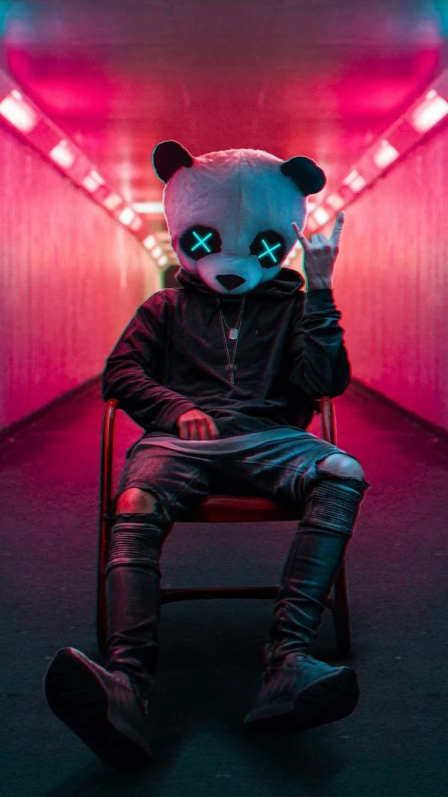 Cyberpunk Panda Sitting In Neon City Light Wallpaper