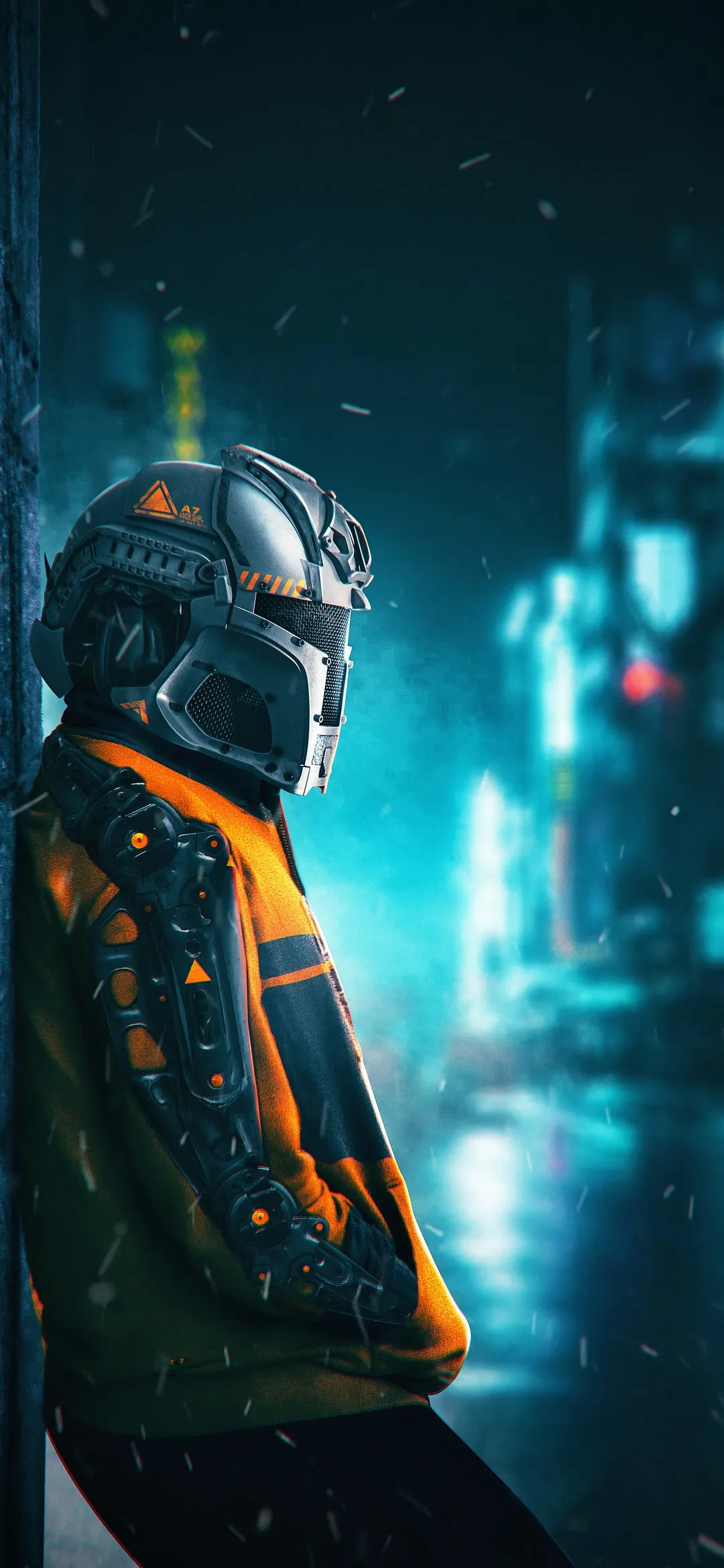 Cyberpunk Soldier in Neon Armor with Blue Smoke Effect