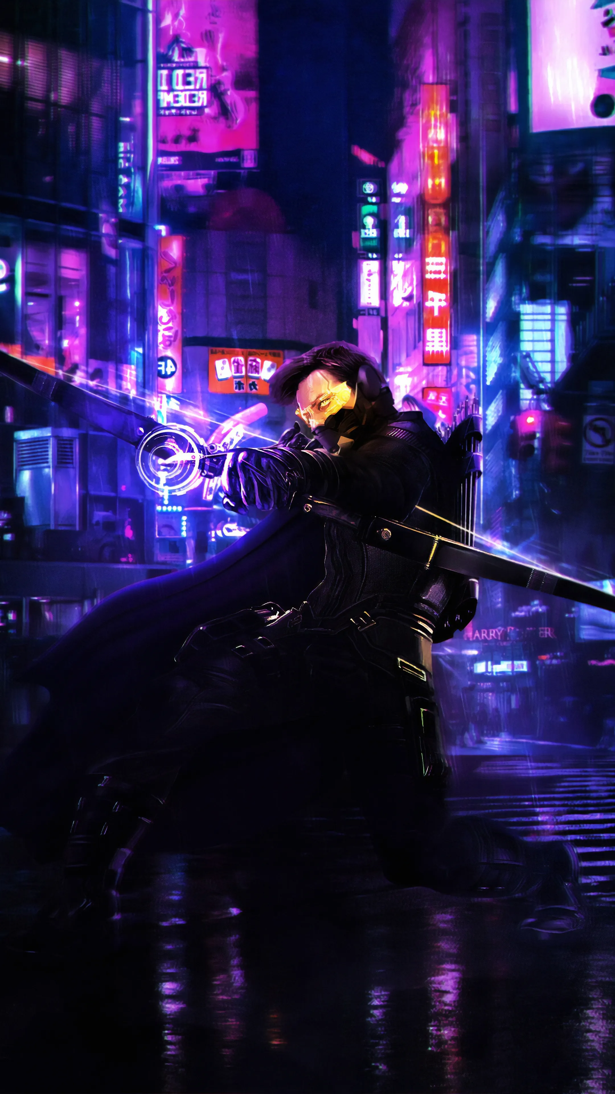 Cyberpunk Warrior in Futuristic Neon Cityscape Scene Image