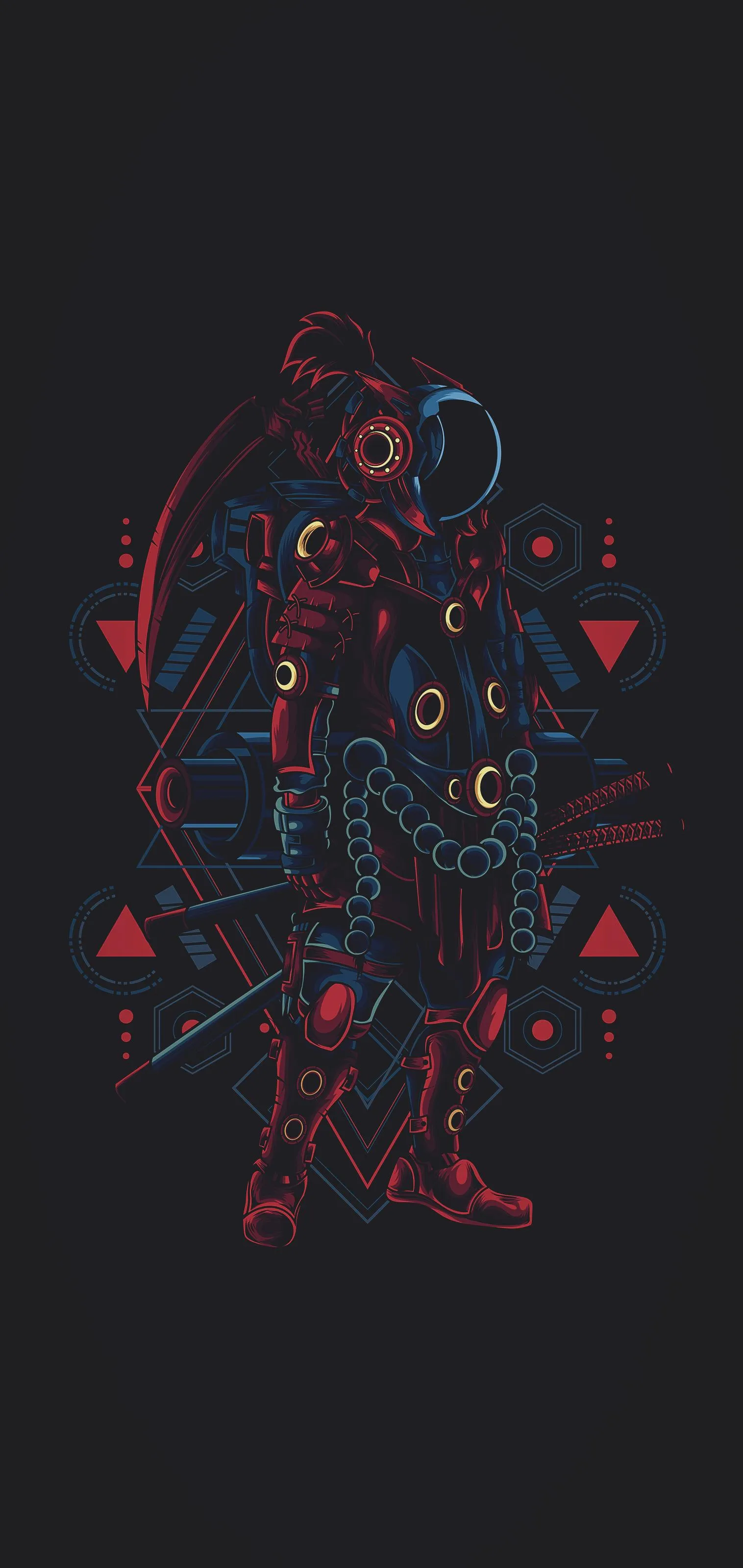 Cyberpunk Warrior Surrounded by Glowing Symbols Wallpaper