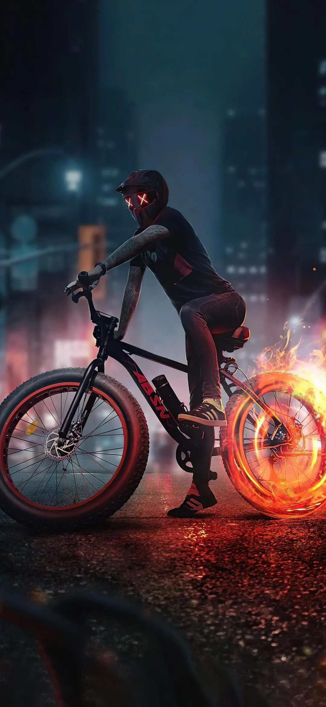 Cyclist in City Street with Red Neon Lighting Wallpaper