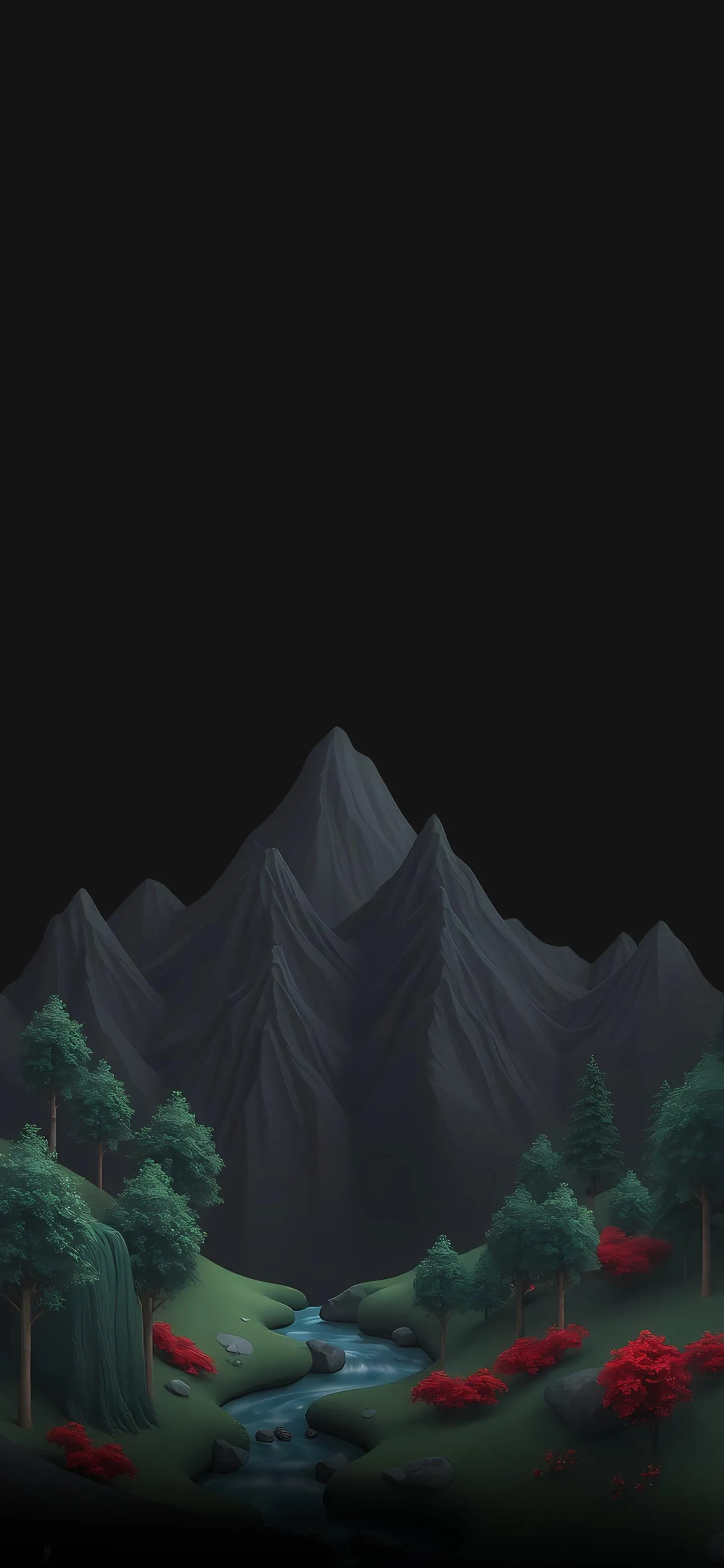 Dark 3D Mountain Landscape with Red Glowing Details
