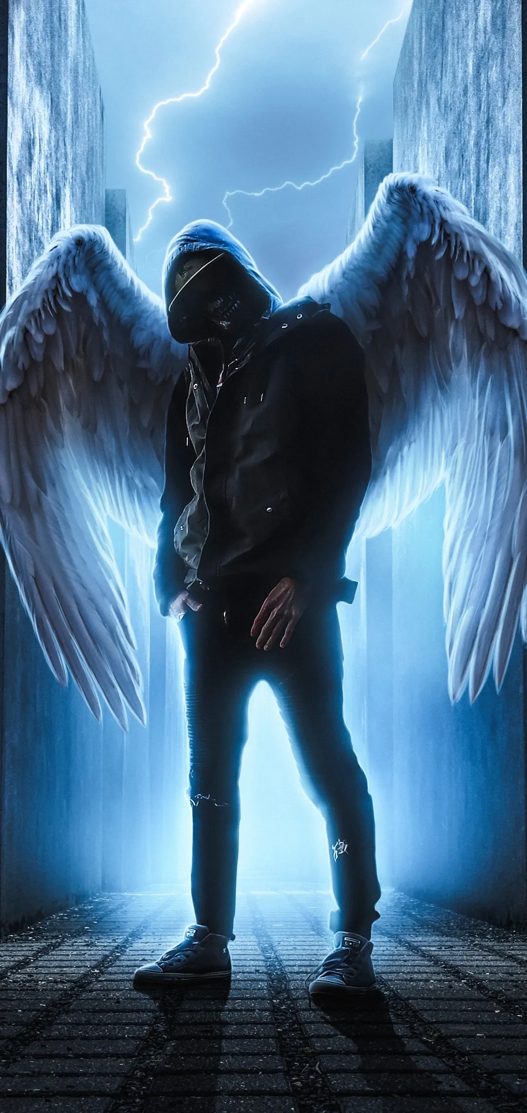 Dark Angel Figure Standing Against a Stormy Sky Wallpaper