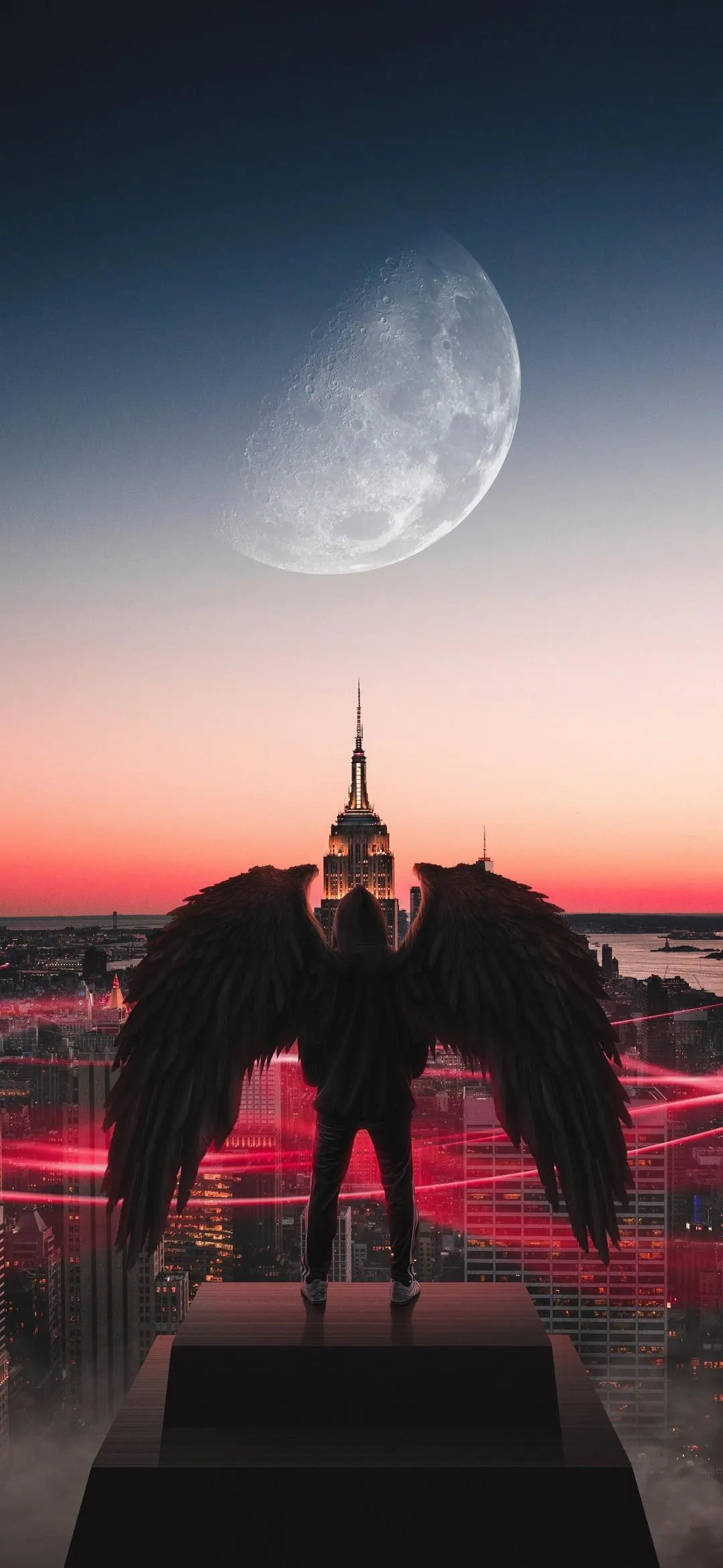 Dark Angel Rising Over City Under the Moonlight Sky