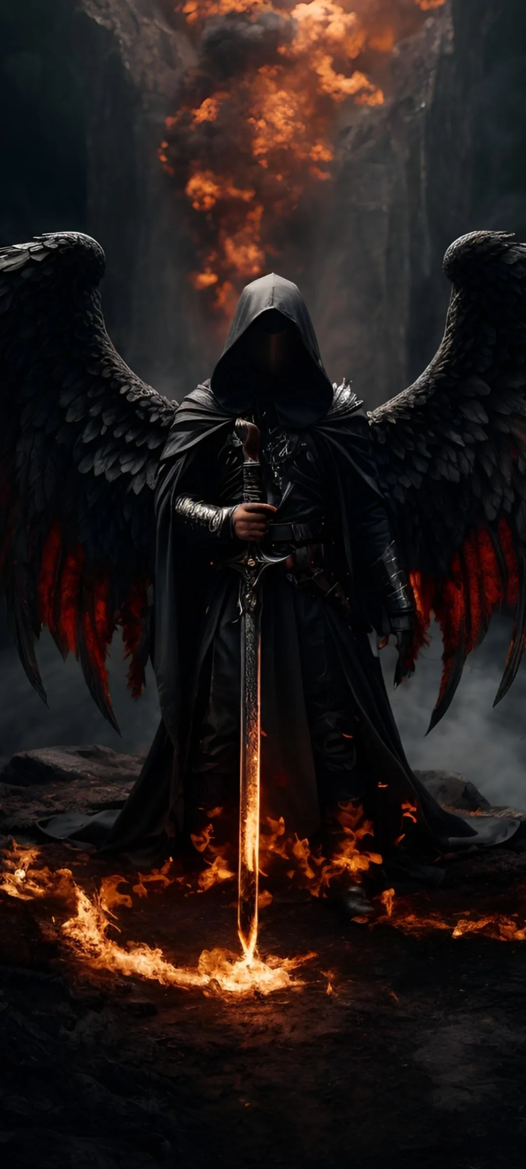 Dark Angel with Fire Wings in Dramatic Fantasy Scene