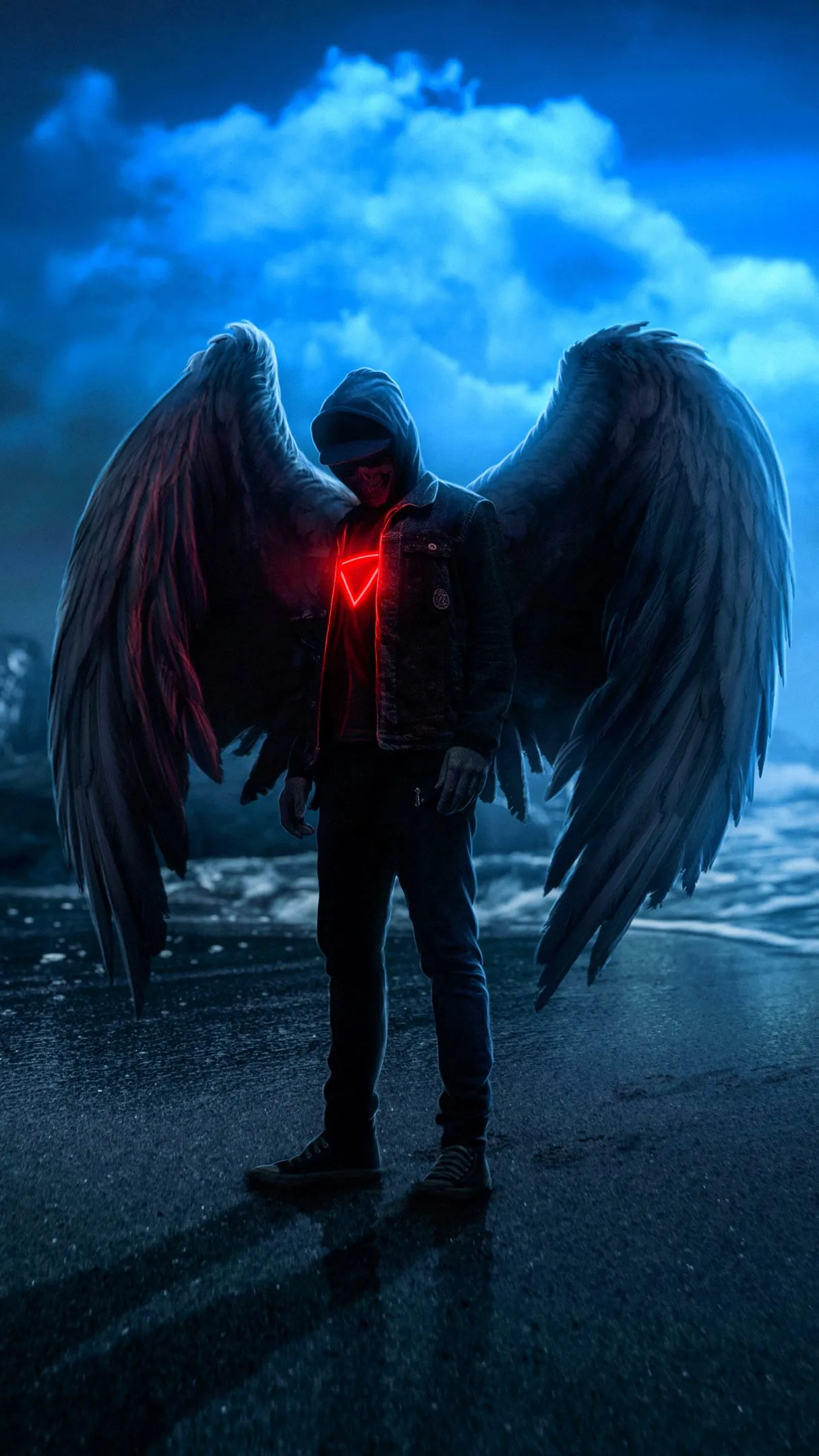 Dark Angel with Red Light Wings Fantasy Artwork Wallpaper