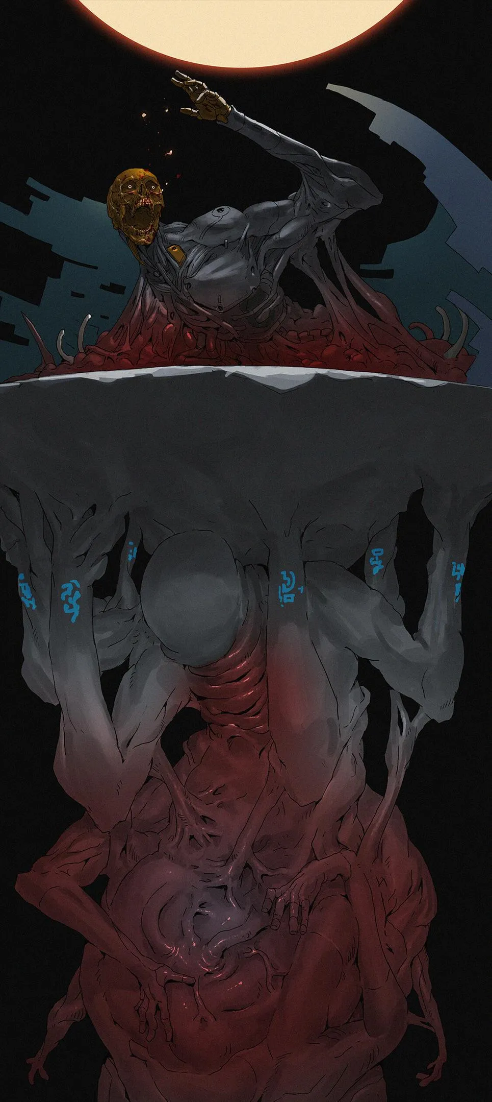 Dark Artistic Drawing With Red and Black Abstract Figures