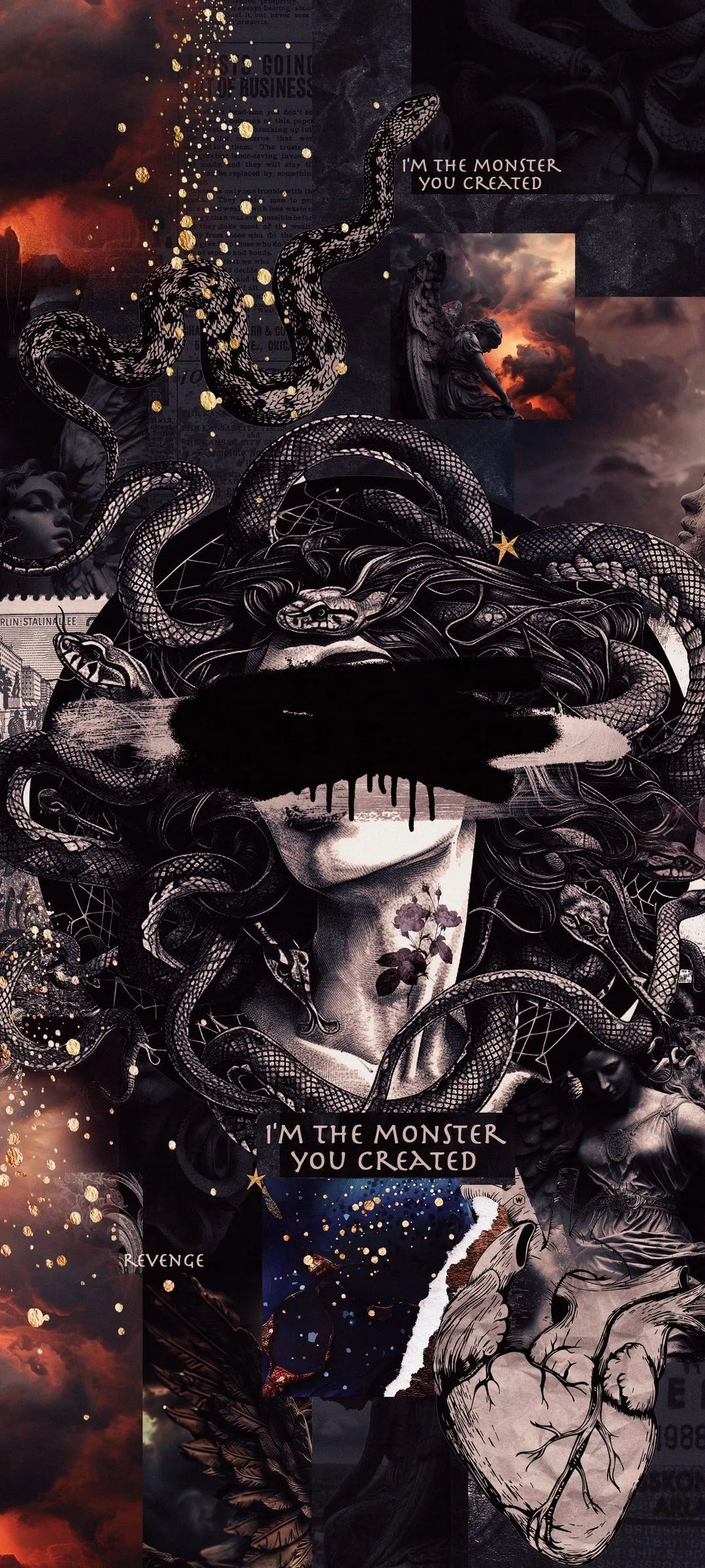 Dark Artistic Medusa Collage with Snakes and Shadows