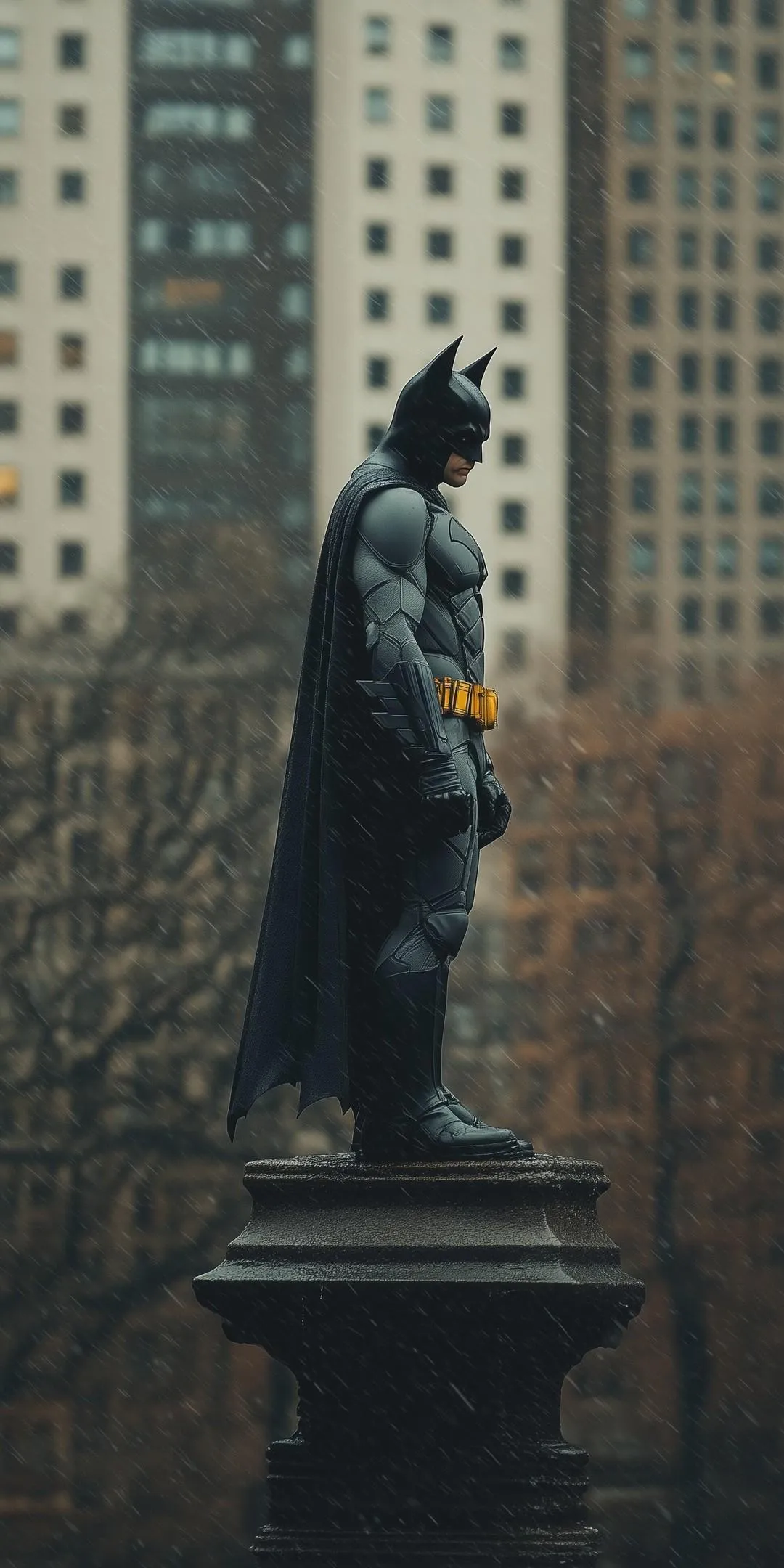 Dark Batman Watching Over City in Rainy Weather Wallpaper