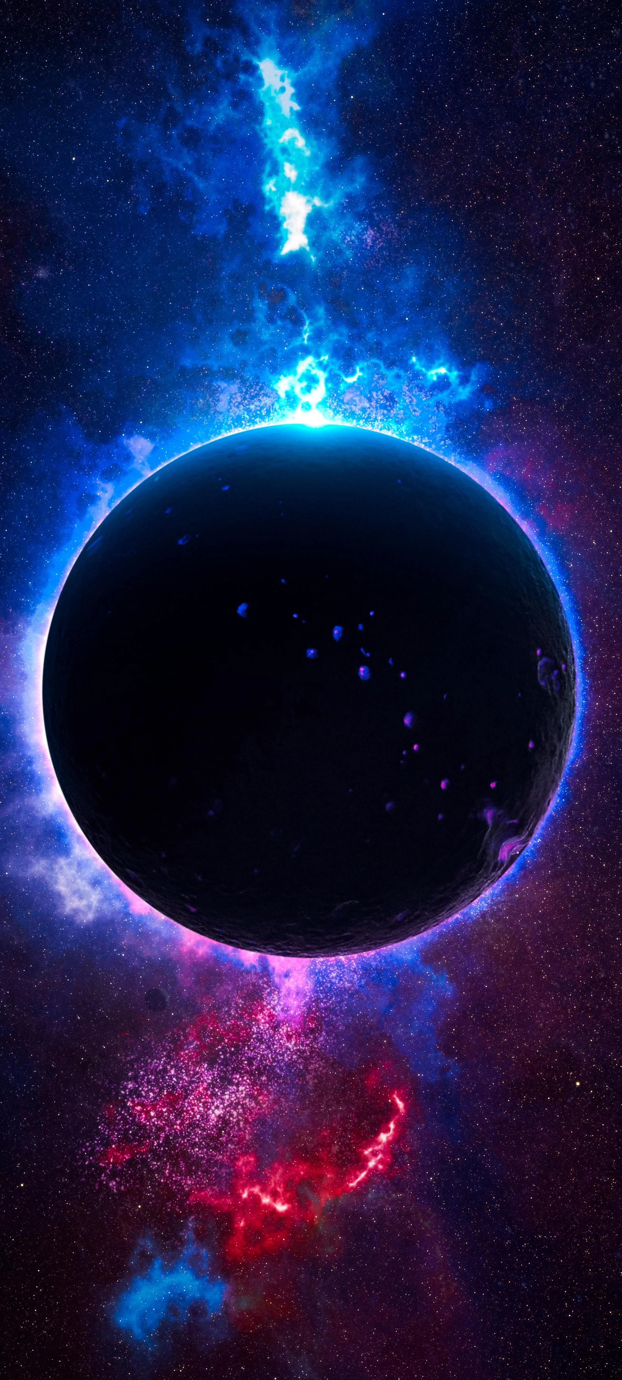 Dark Blue Space Scene with Black Planet and Glowing Nebula