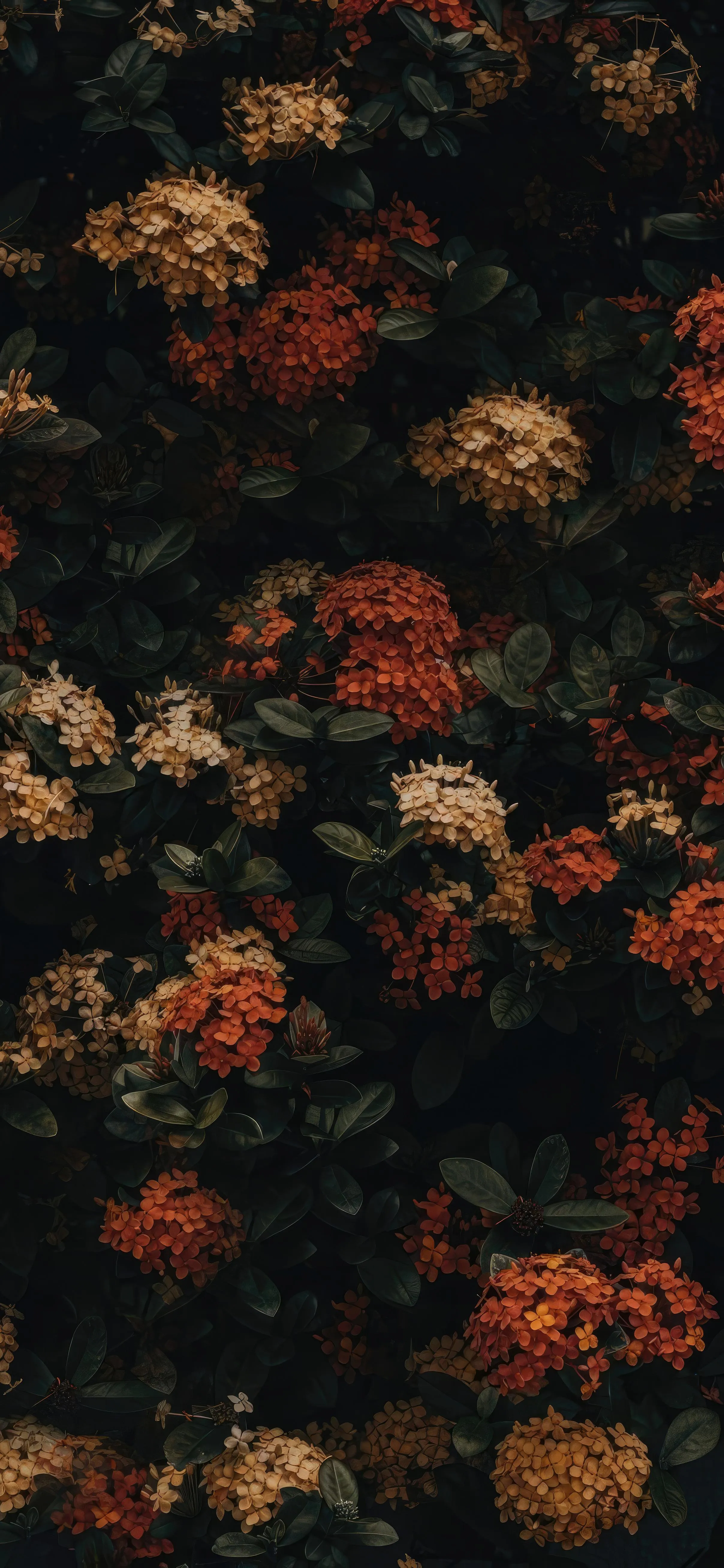 Dark Botanical Background with Orange and Cream Flowers
